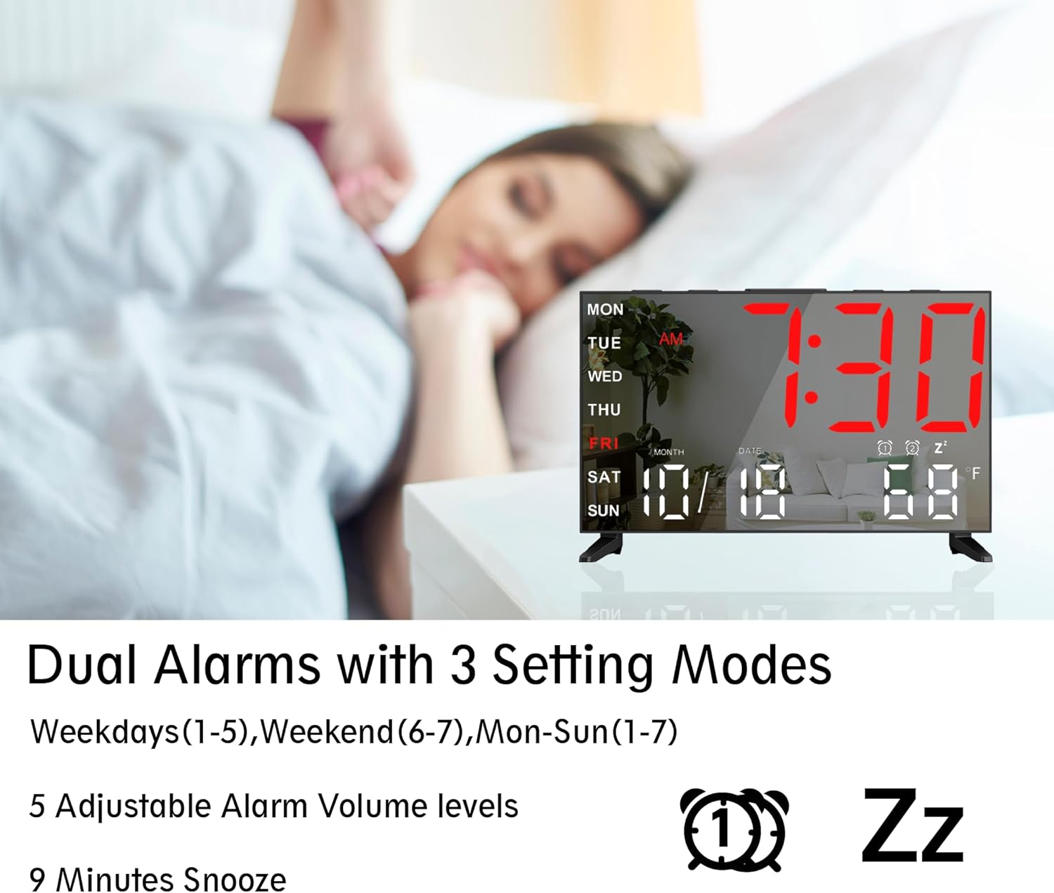 Haimiage Mirror Digital Alarm Clock with Dual Alarms and Temperature Display