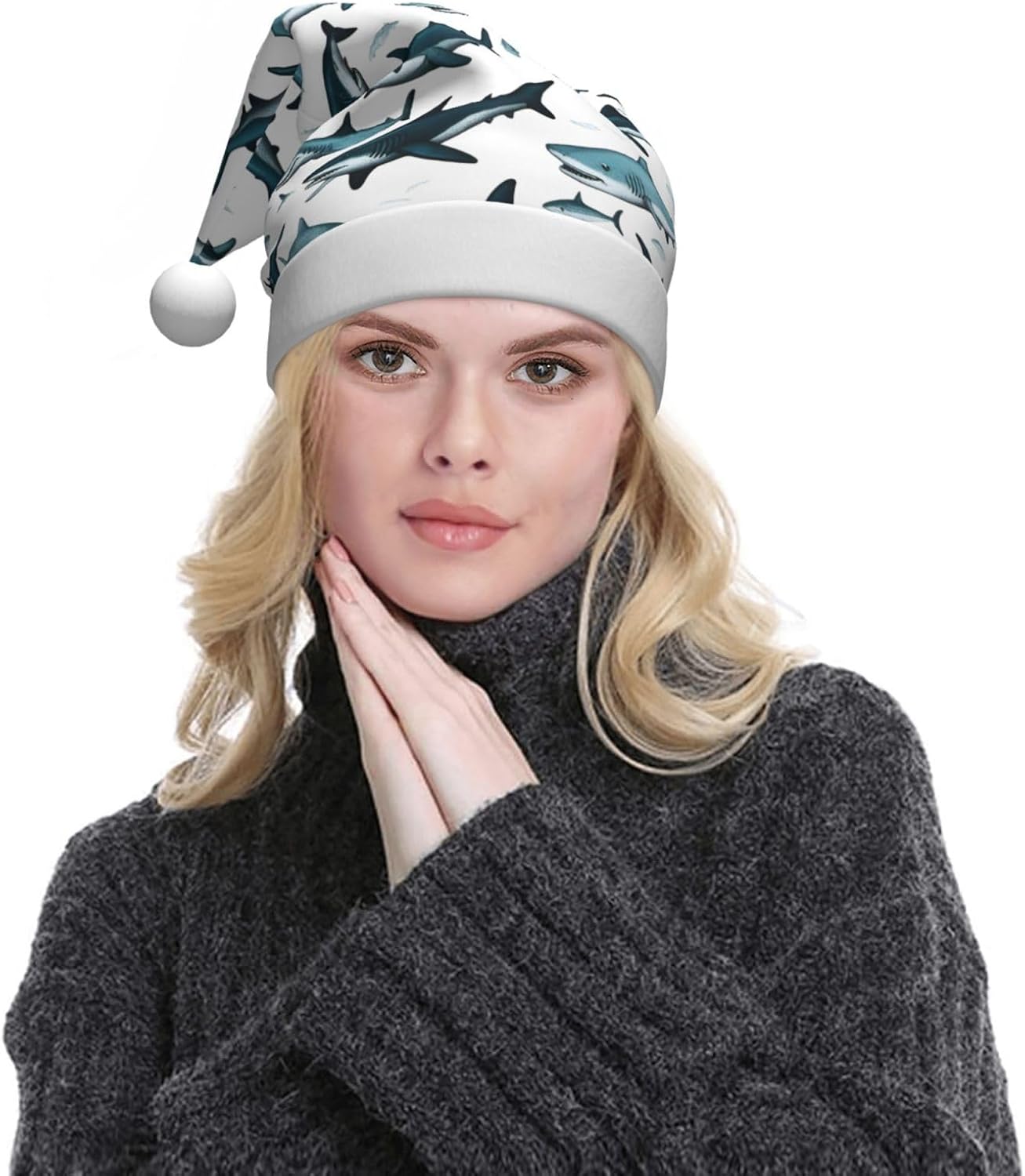 Shark Pattern Christmas Santa Hat Plush Funny Adult Headwear