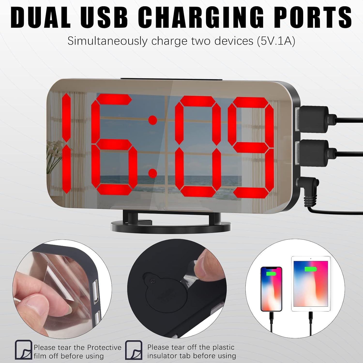 WulaWindy Digital Alarm Clock with USB Charger and Large Mirror Display