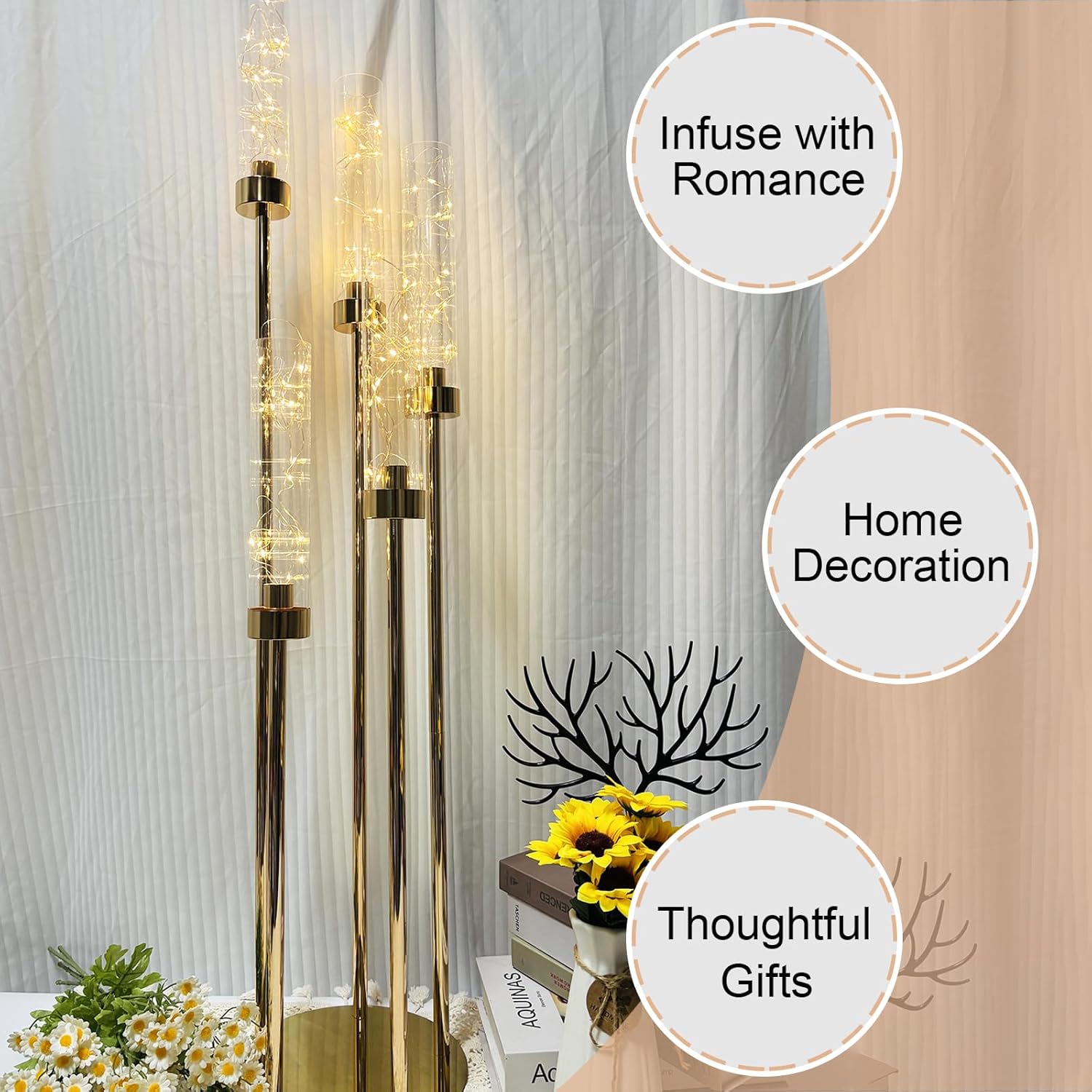 2 Sets Gold Candelabra Centerpieces with LED Candles