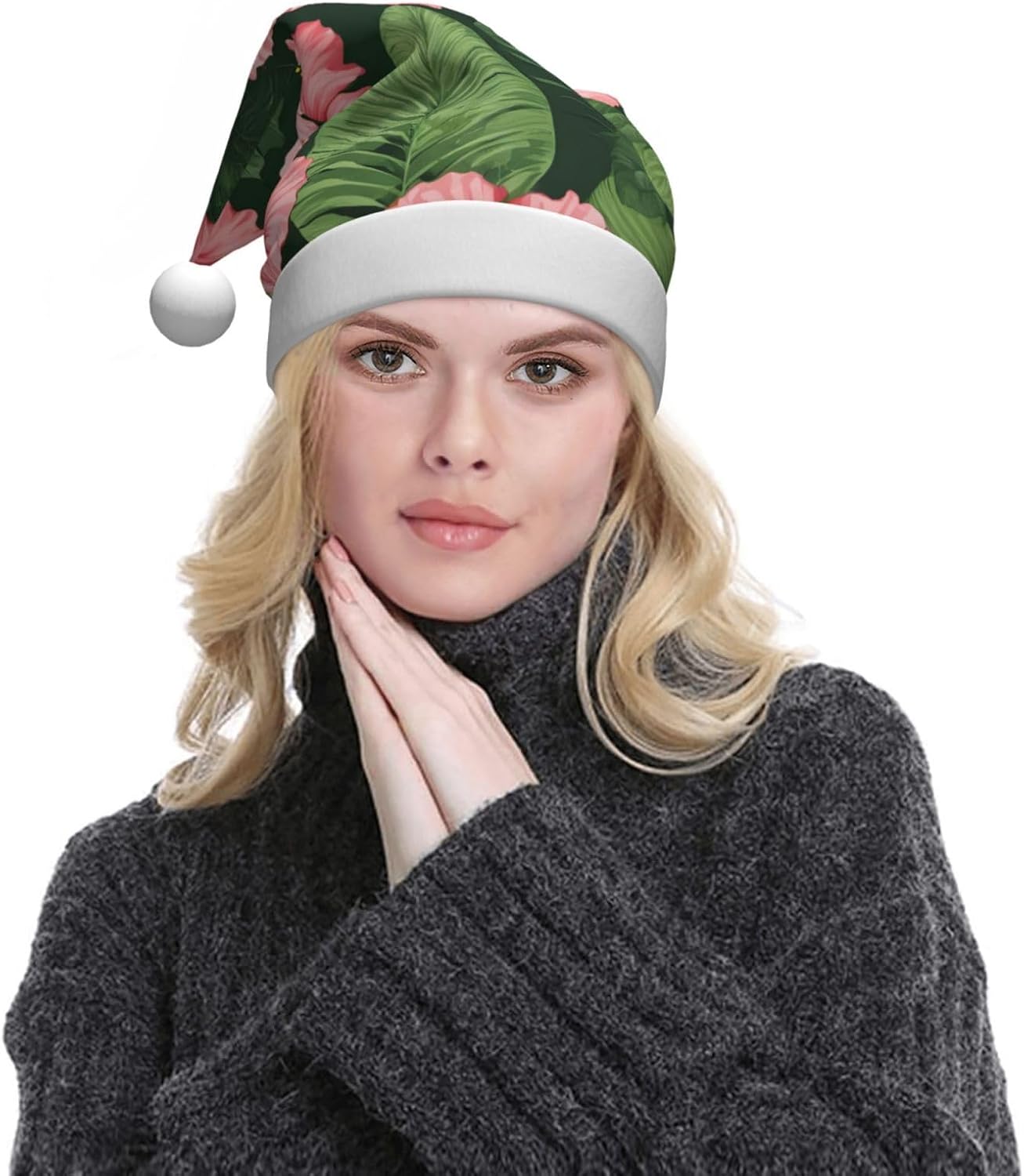QINZHENG Velvet Santa Hat with Hibiscus Flowers Print