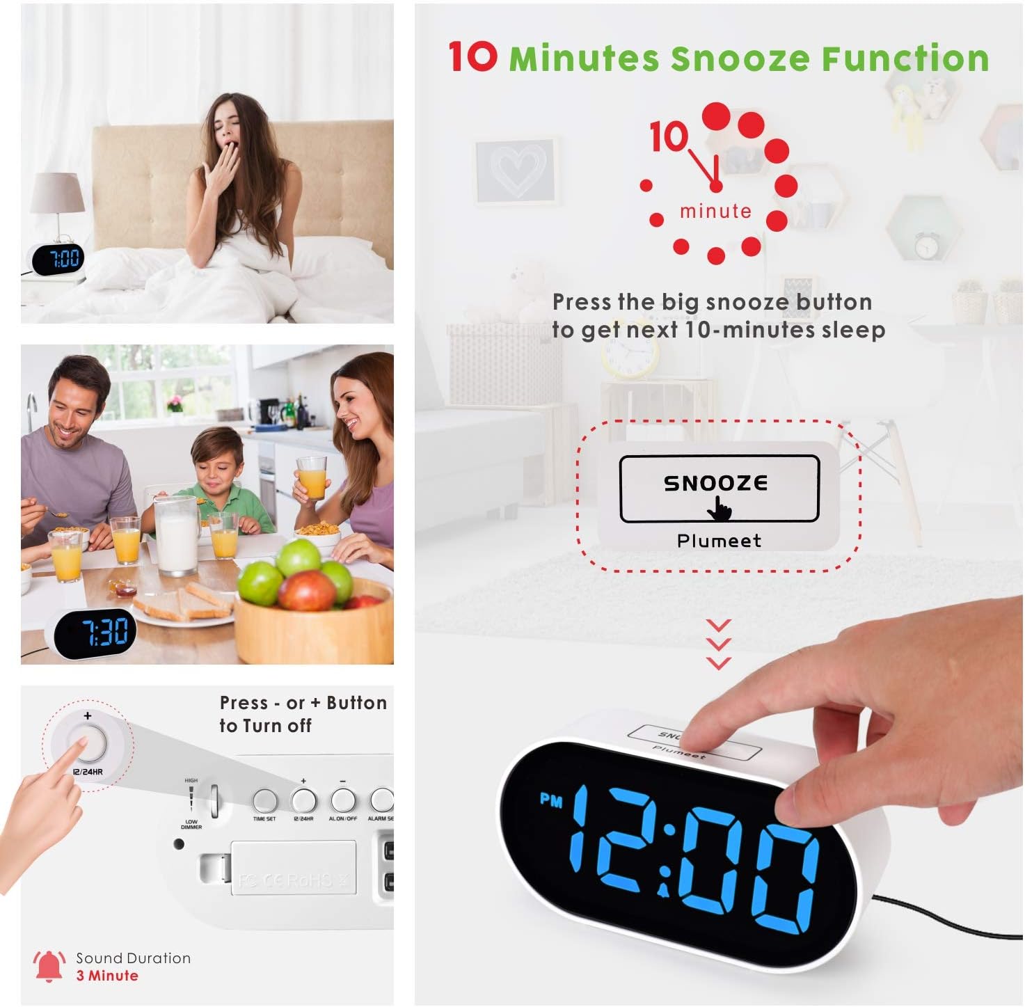 Plumeet Digital Alarm Clock with LED Display and Snooze Function