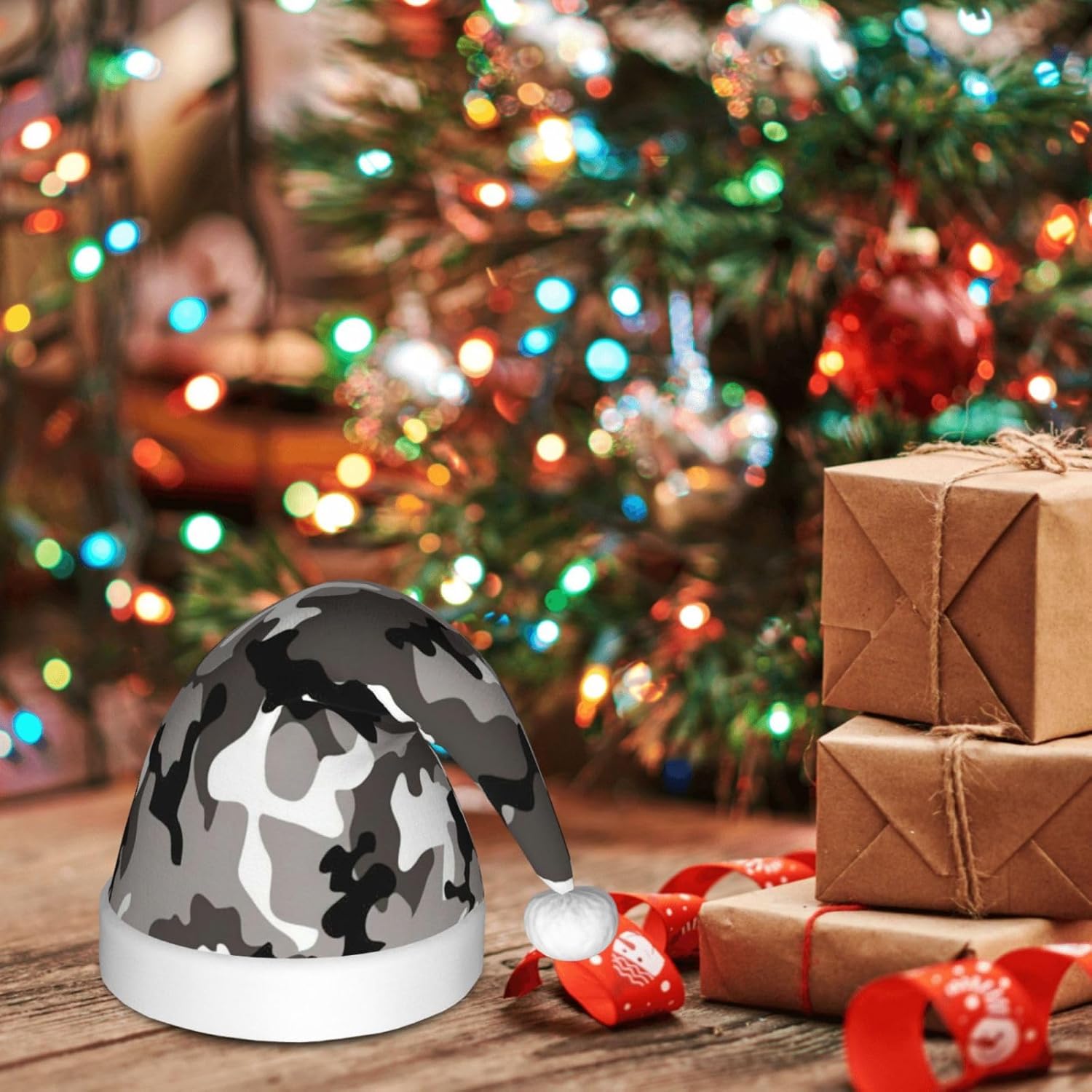 Zkyfll Christmas Santa Hat with Grey White Camo Print