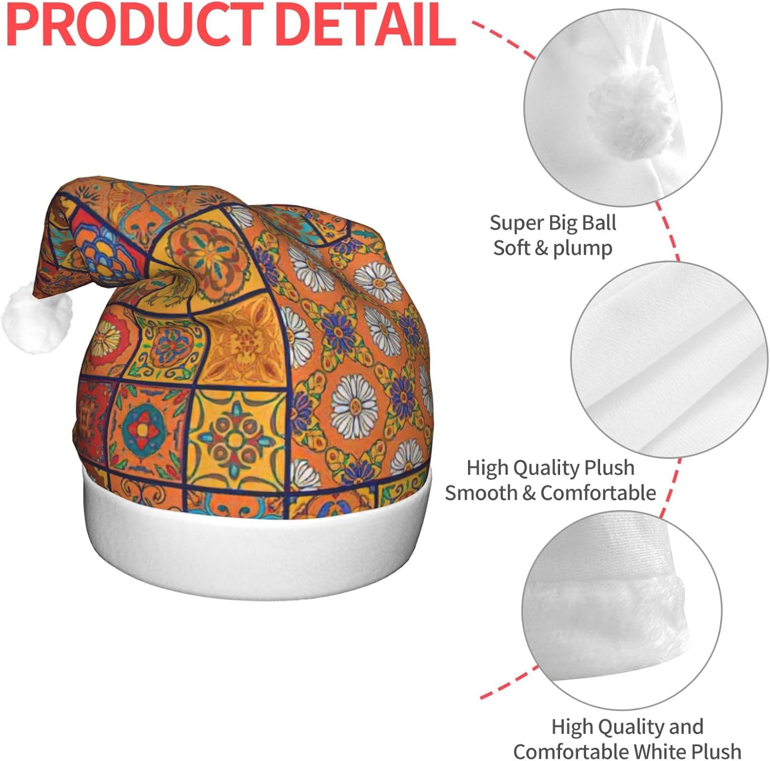Moroccan Geometric Print Light Up Santa Hat Plush Set for Adults