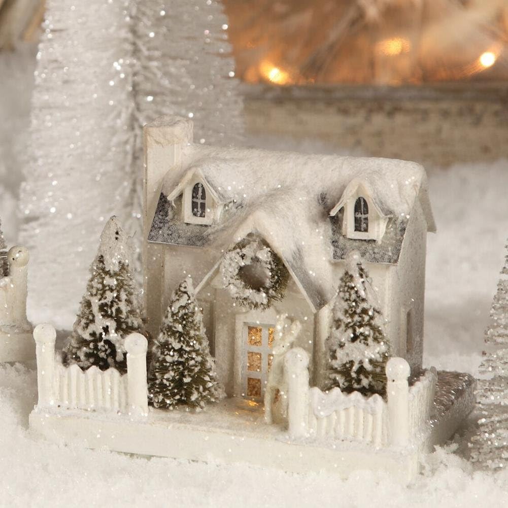 Bethany Lowe 6 Inch Wintery White Cape Cod Putz House with Deer Figure