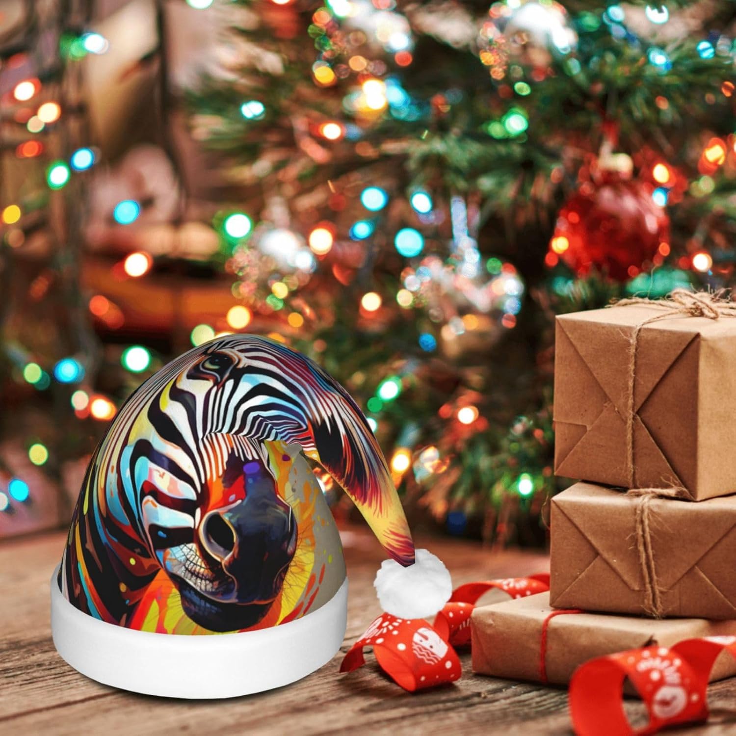 Abstract Animal Zebra Print Christmas Santa Hat Plush Light Up