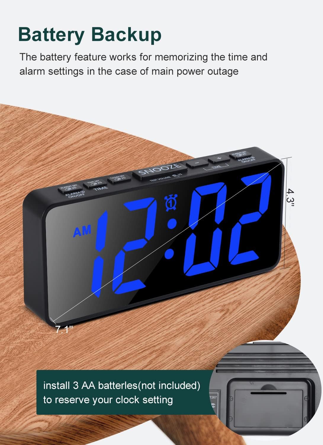 75 Inch Digital Alarm Clock with Dimmer and Dual Alarms