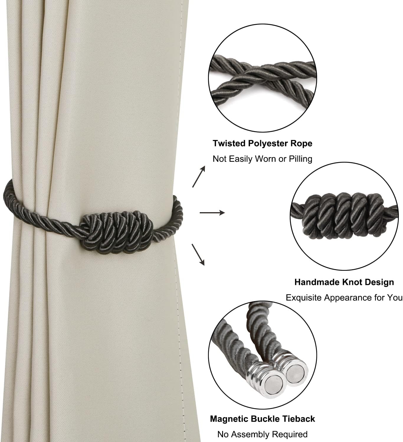 BEL AVENIR Magnetic Curtain Holdbacks 4 Pack Charcoal