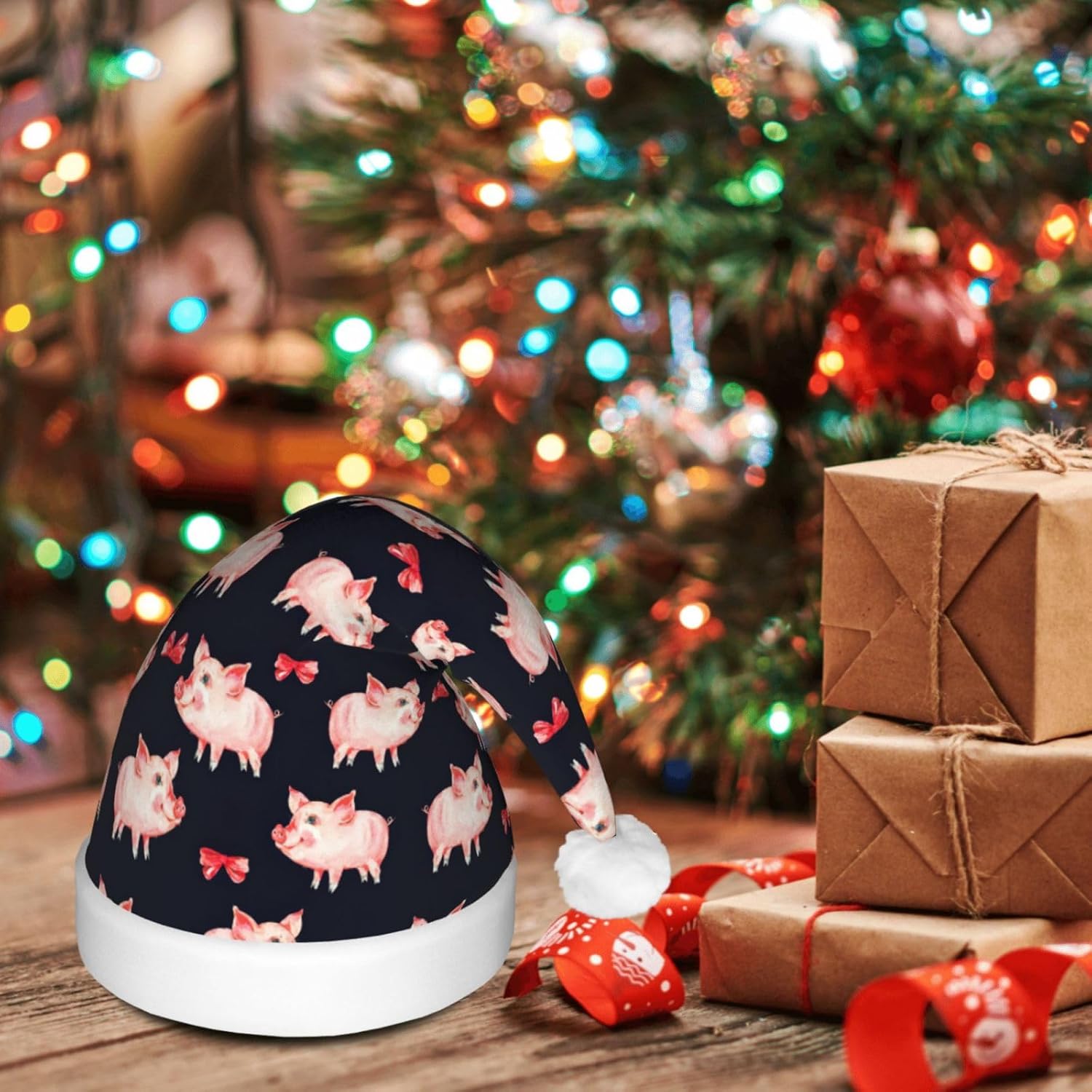 Red Cute Piggy Print LED Light-Up Santa Hat for Adults