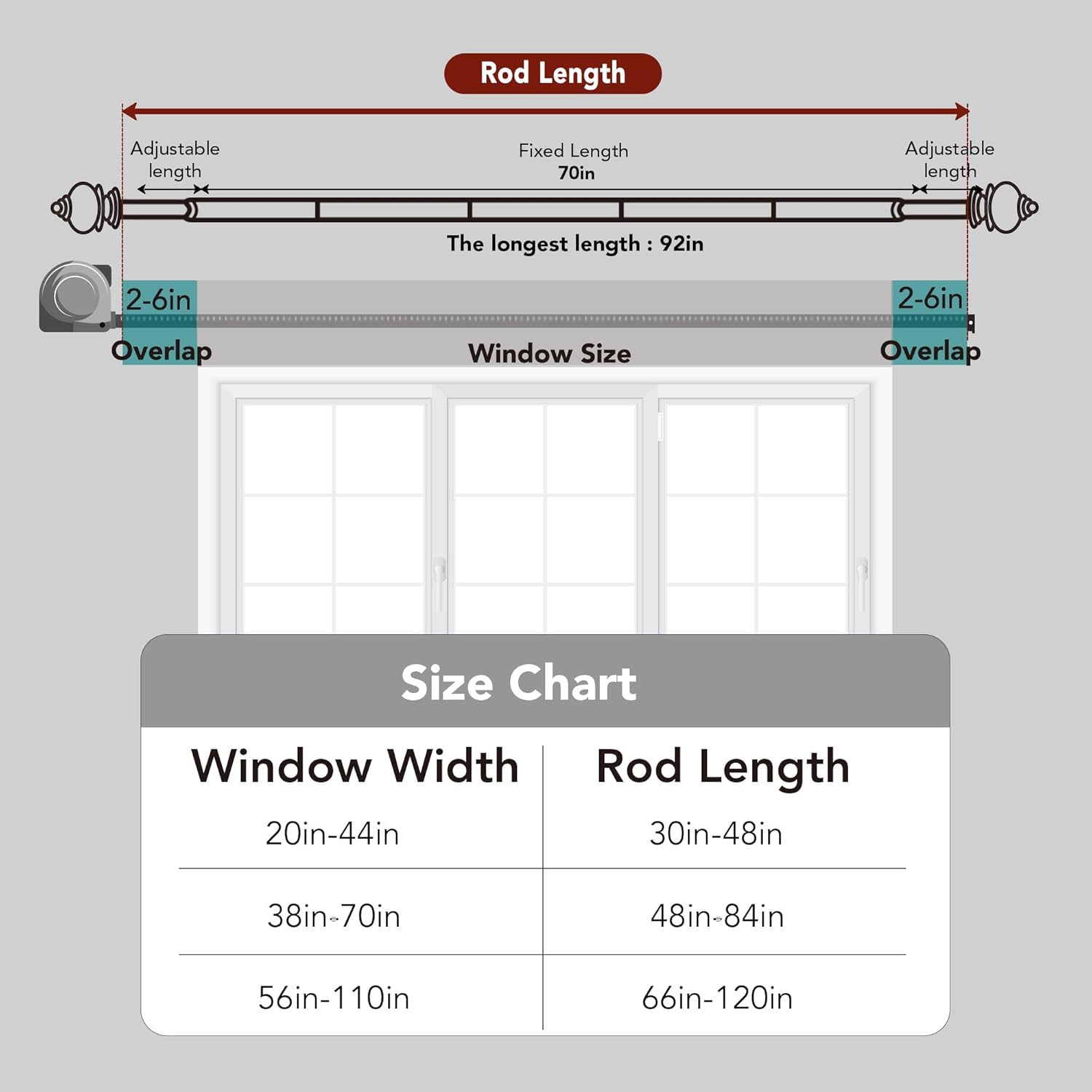 Deconovo Heavy Duty Black Curtain Rod Adjustable 48-84 Inch