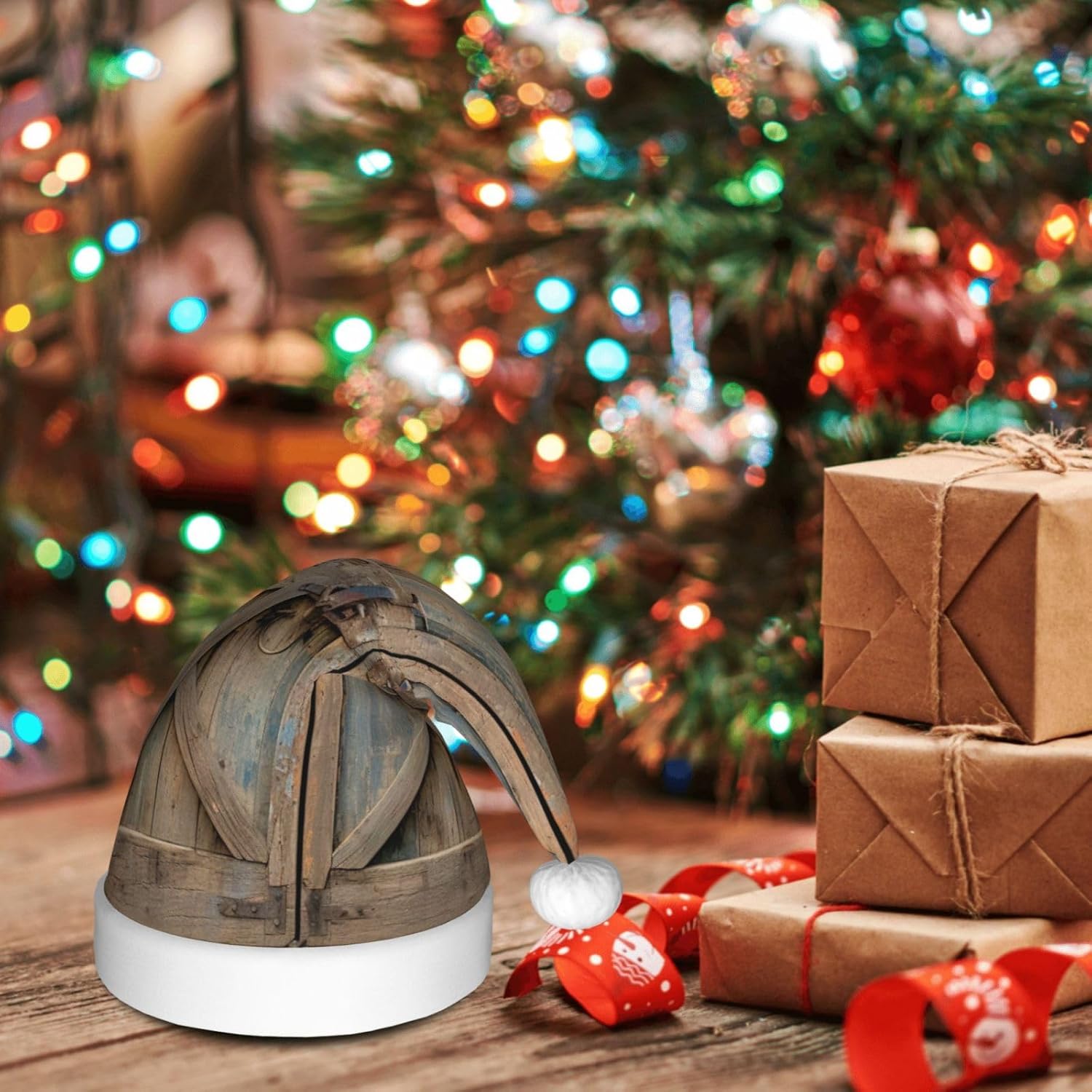 Barn Door Print Christmas Santa Hat Plush for Adults