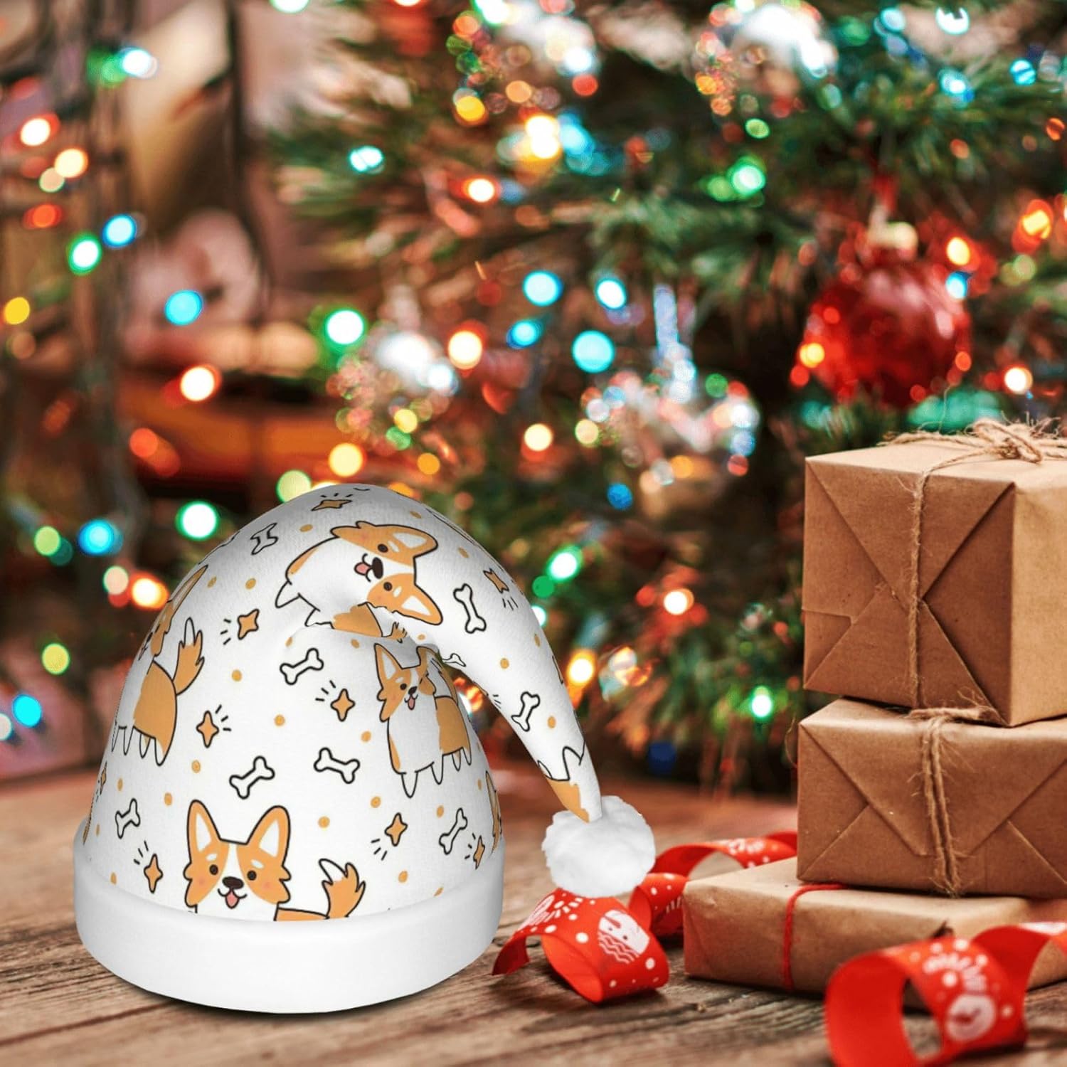 Dog Print Christmas Santa Hat Plush Light Up for Adult Party