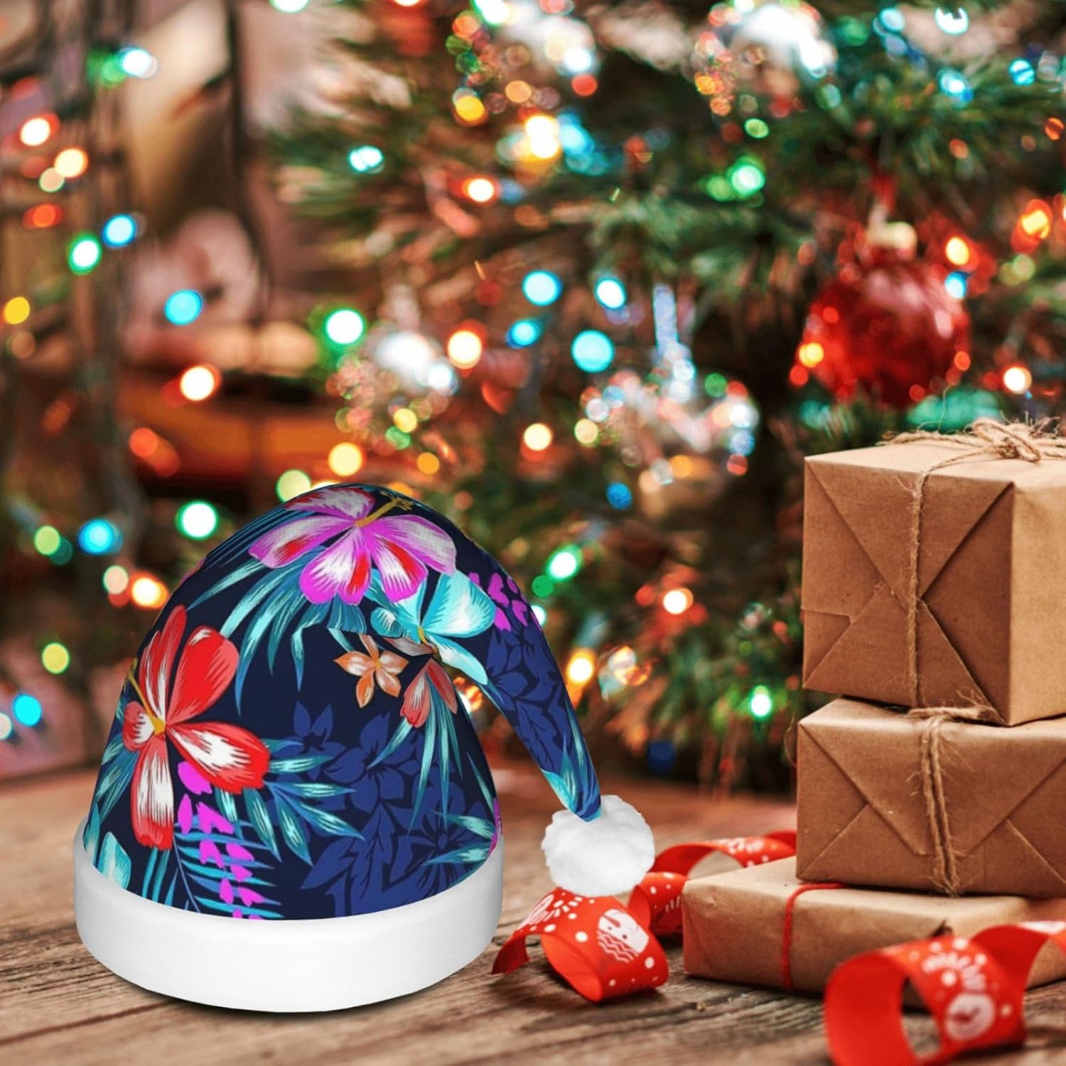 Qin Zheng Floral Blue Santa Hat with LED Lights