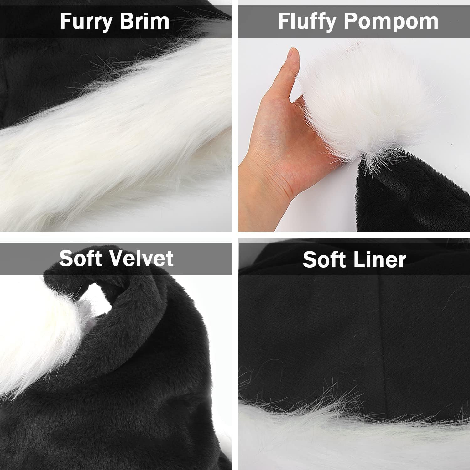 FOIMAS Black Santa Hat for Adults Plush Christmas Headwear
