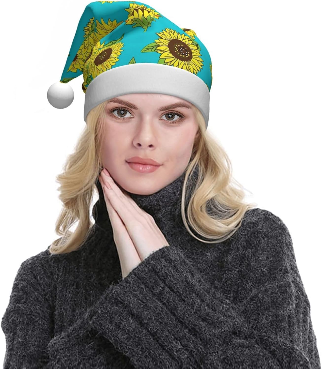 QINZHENG Sunflowers Print Santa Hat for Women Adult Christmas Gift