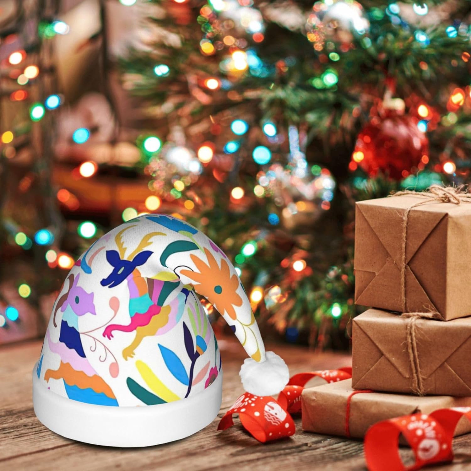QINZHENG LED Christmas Santa Hat with Animal Print