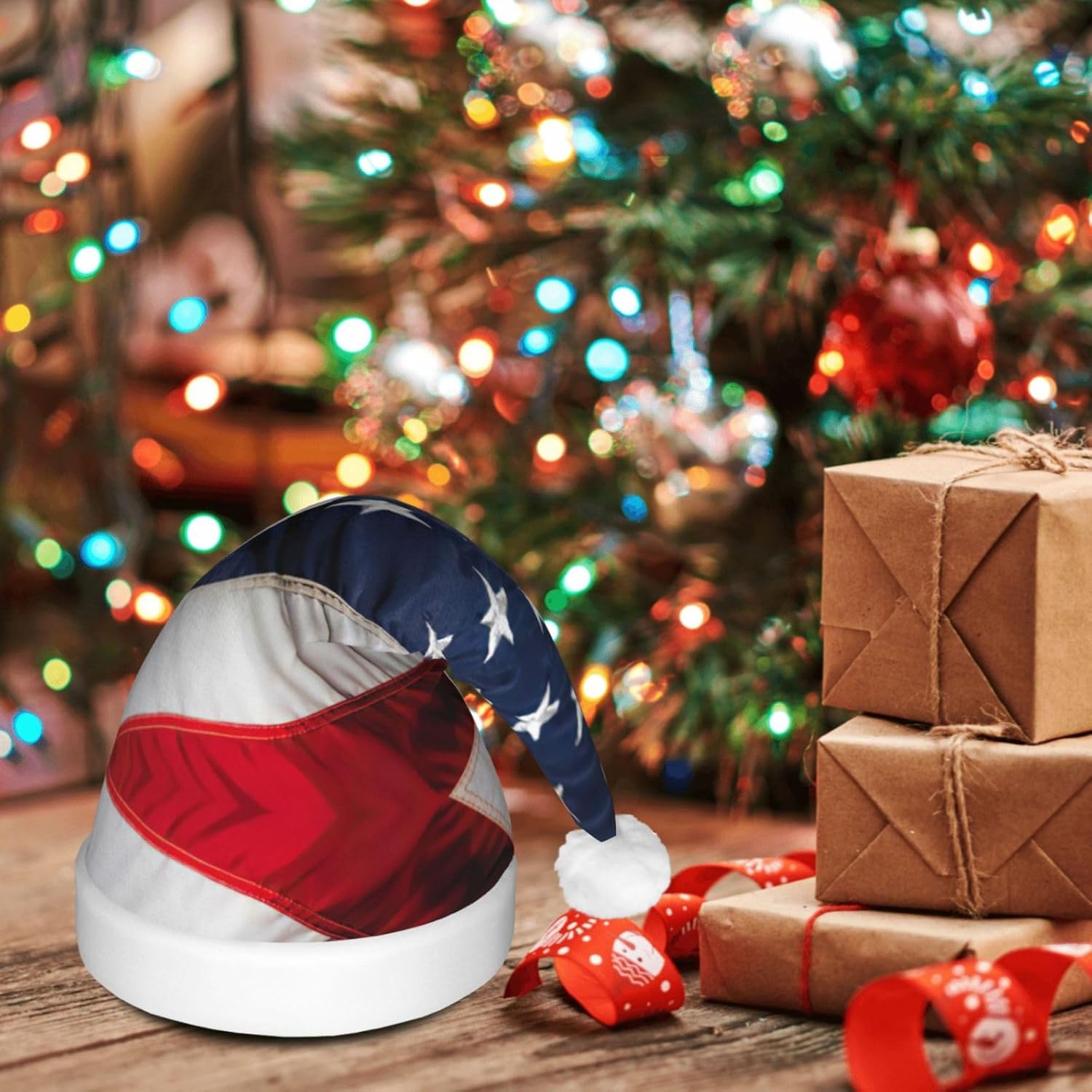 American Flag Print LED Christmas Santa Hat for Adults