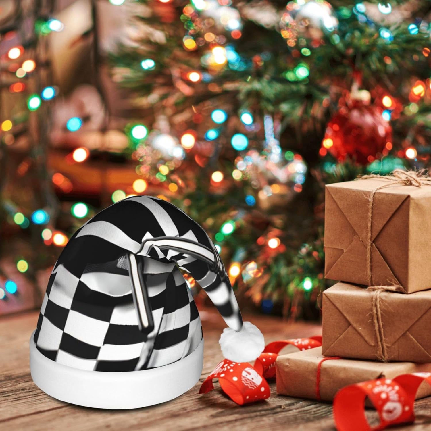 QinZheng LED Christmas Santa Hat with Checkered Flags Design
