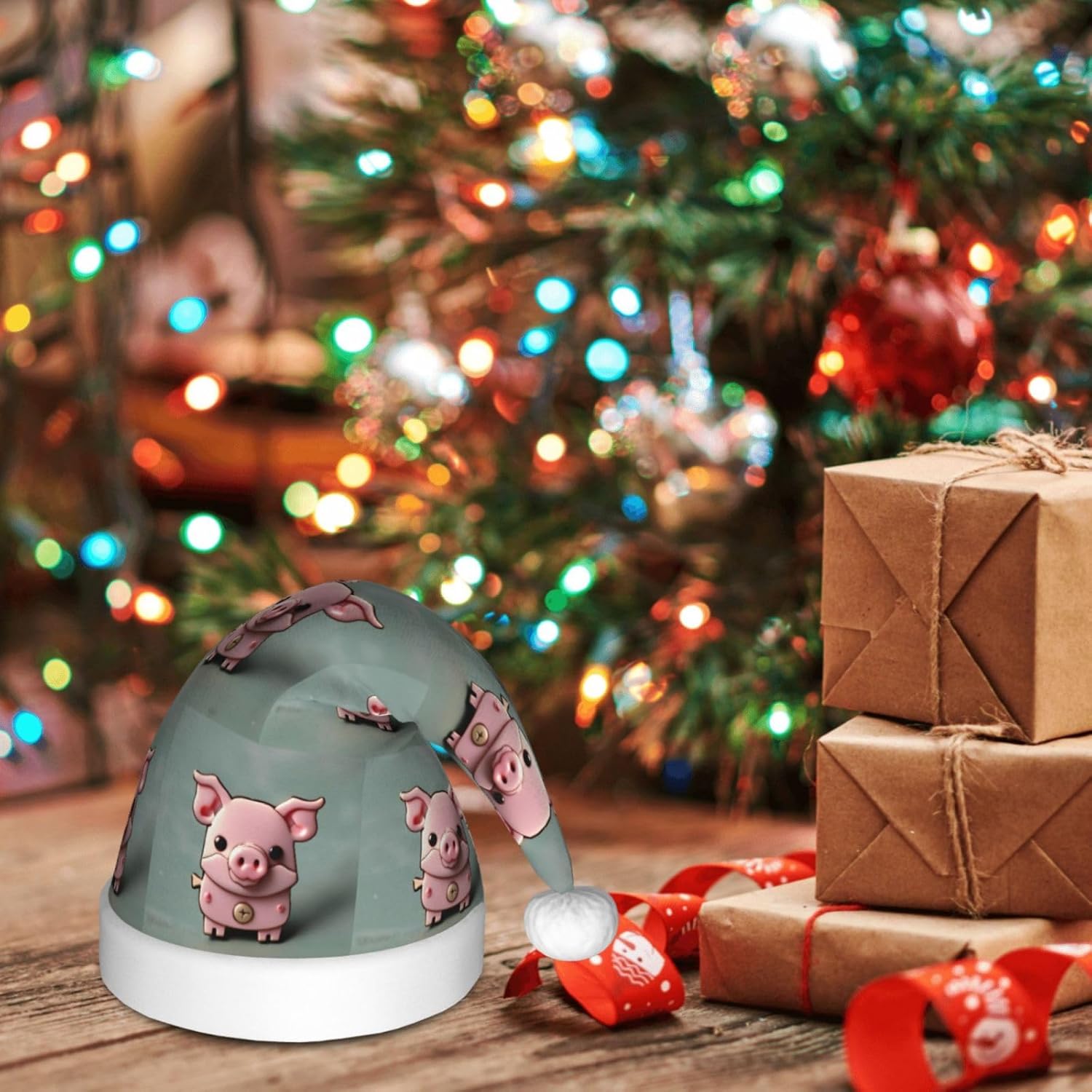 Pink Pig Print Christmas Santa Hat Small Size