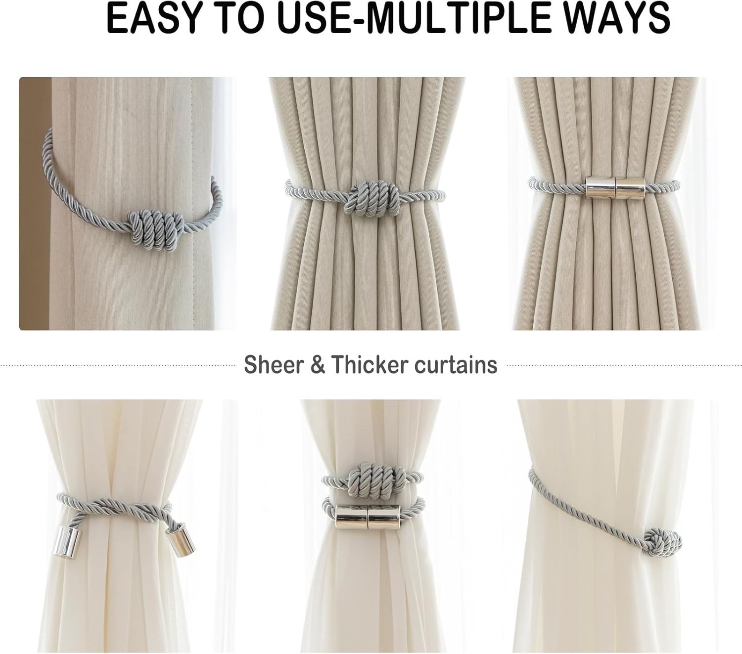 Contoeey Magnetic Curtain Tiebacks - 8 Pack Grey