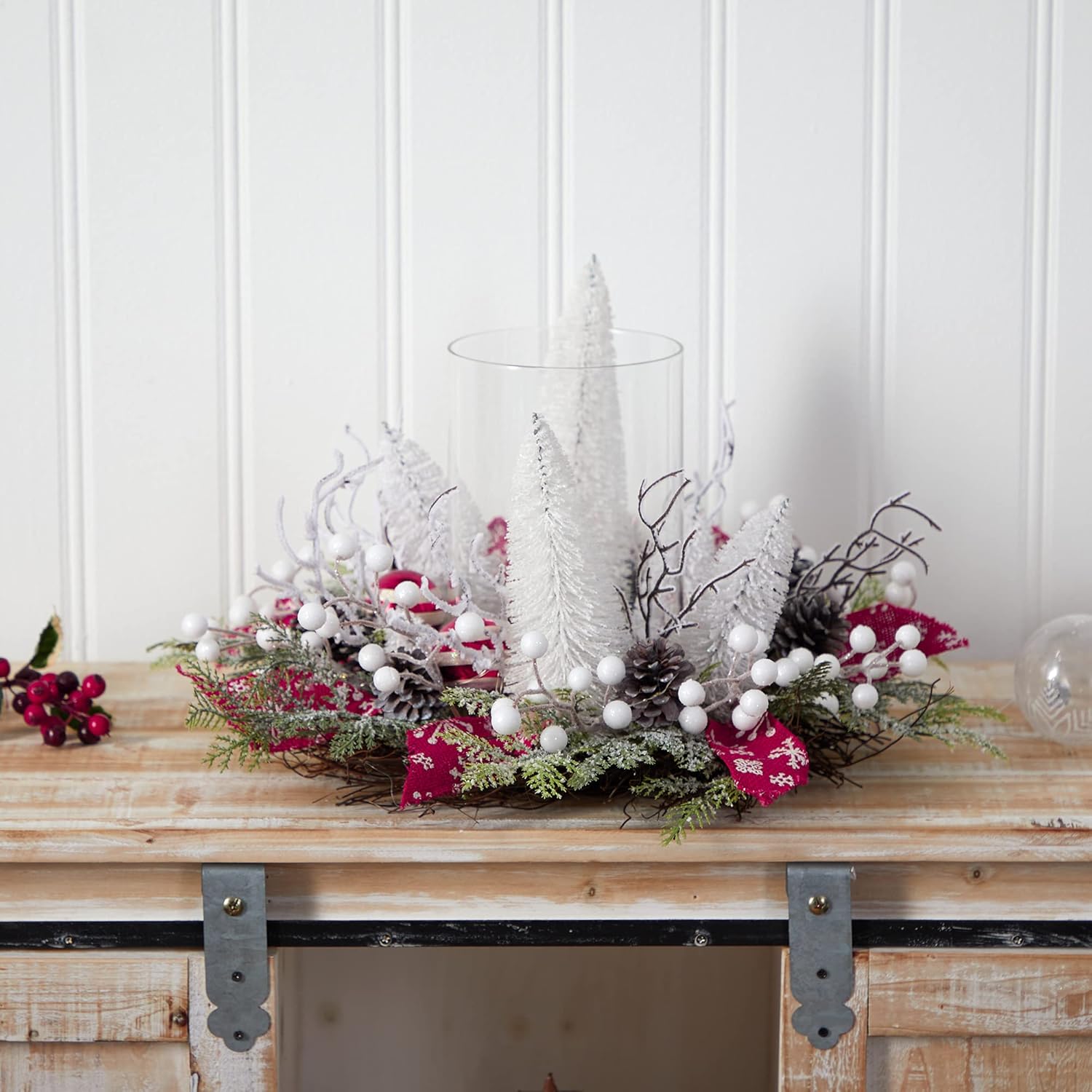 Nearly Natural 15in Holiday Lighted Forest Candle Holder