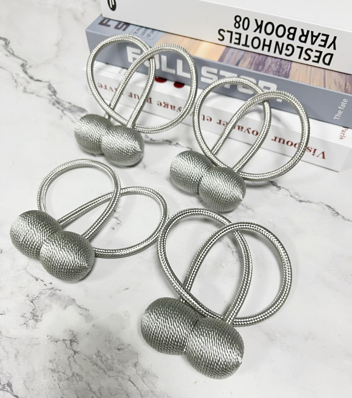 Strong Magnetic Curtain Tiebacks with Woven Ropes - 4pcs Grey Set