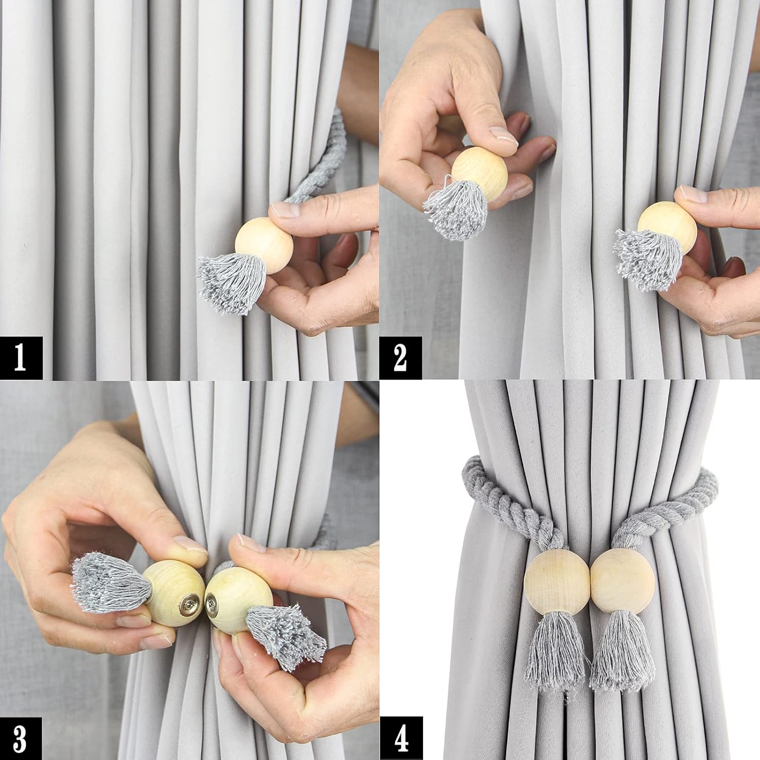 6 Pack Cotton Magnetic Curtain Holdbacks with Wooden Buckle No Tools Required