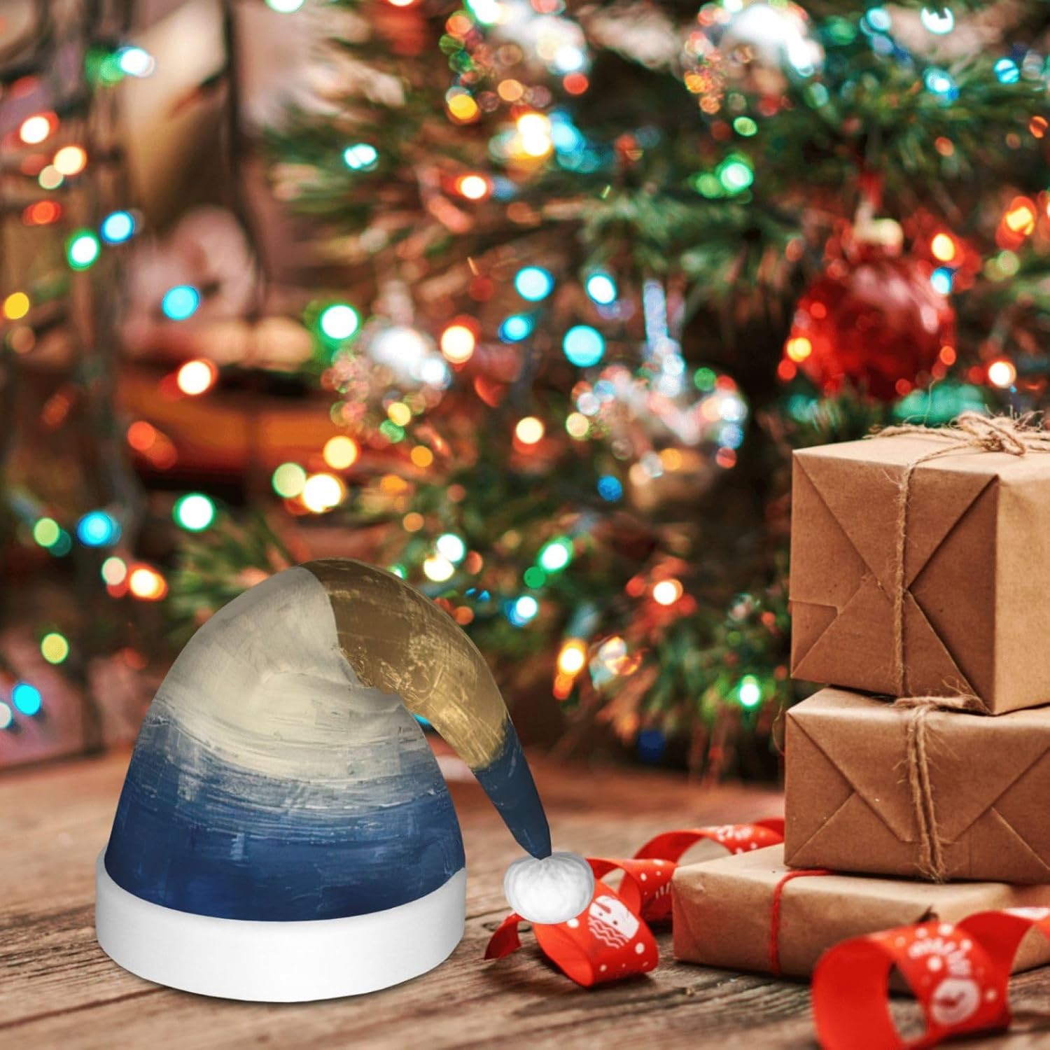 Gold Blue White Print Christmas Santa Hat Small Size