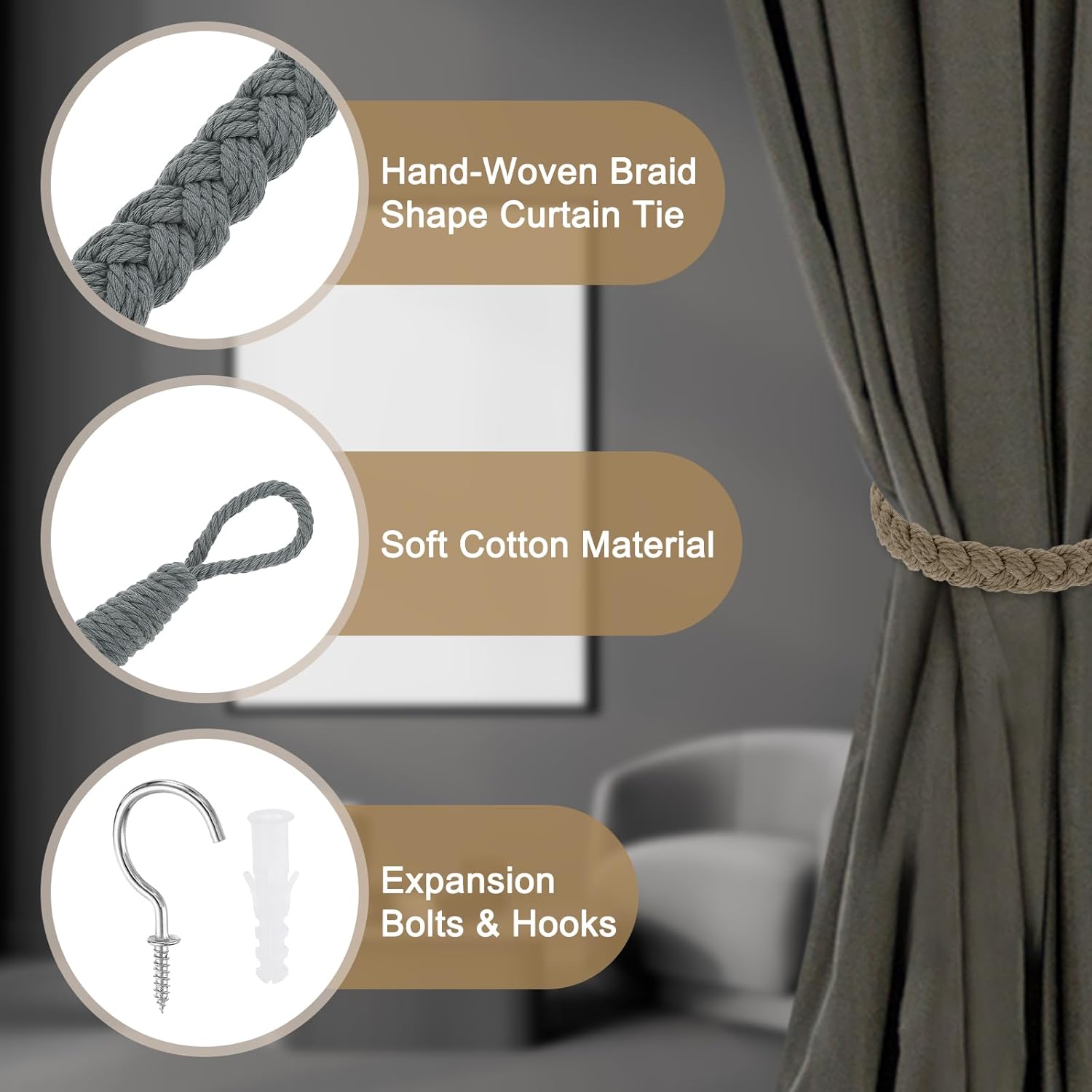 Uxcell 4Pcs Rope Curtain Tiebacks with Metal Hooks Dark Gray