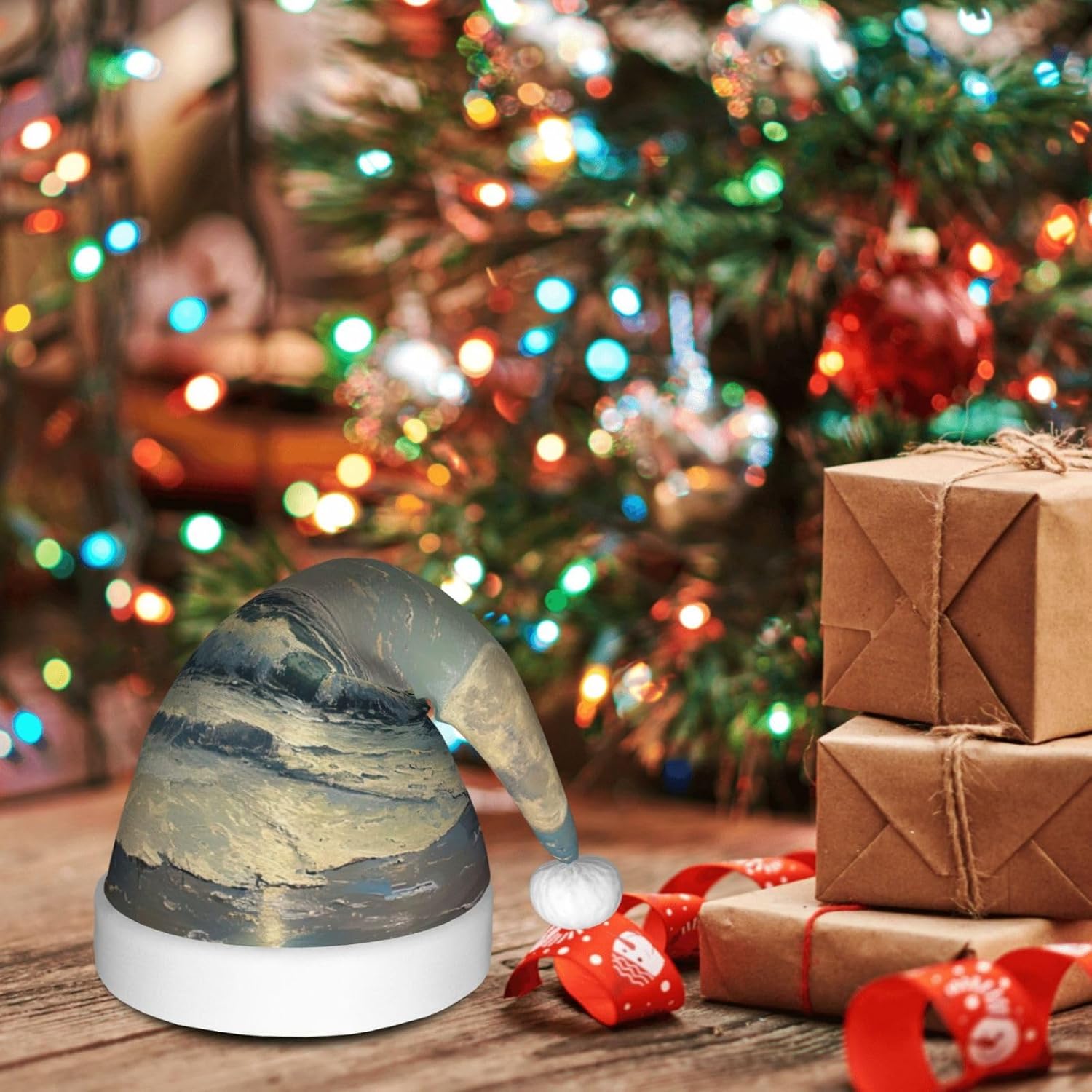 Moon and Sea Print Christmas Santa Hat Plush for Adults