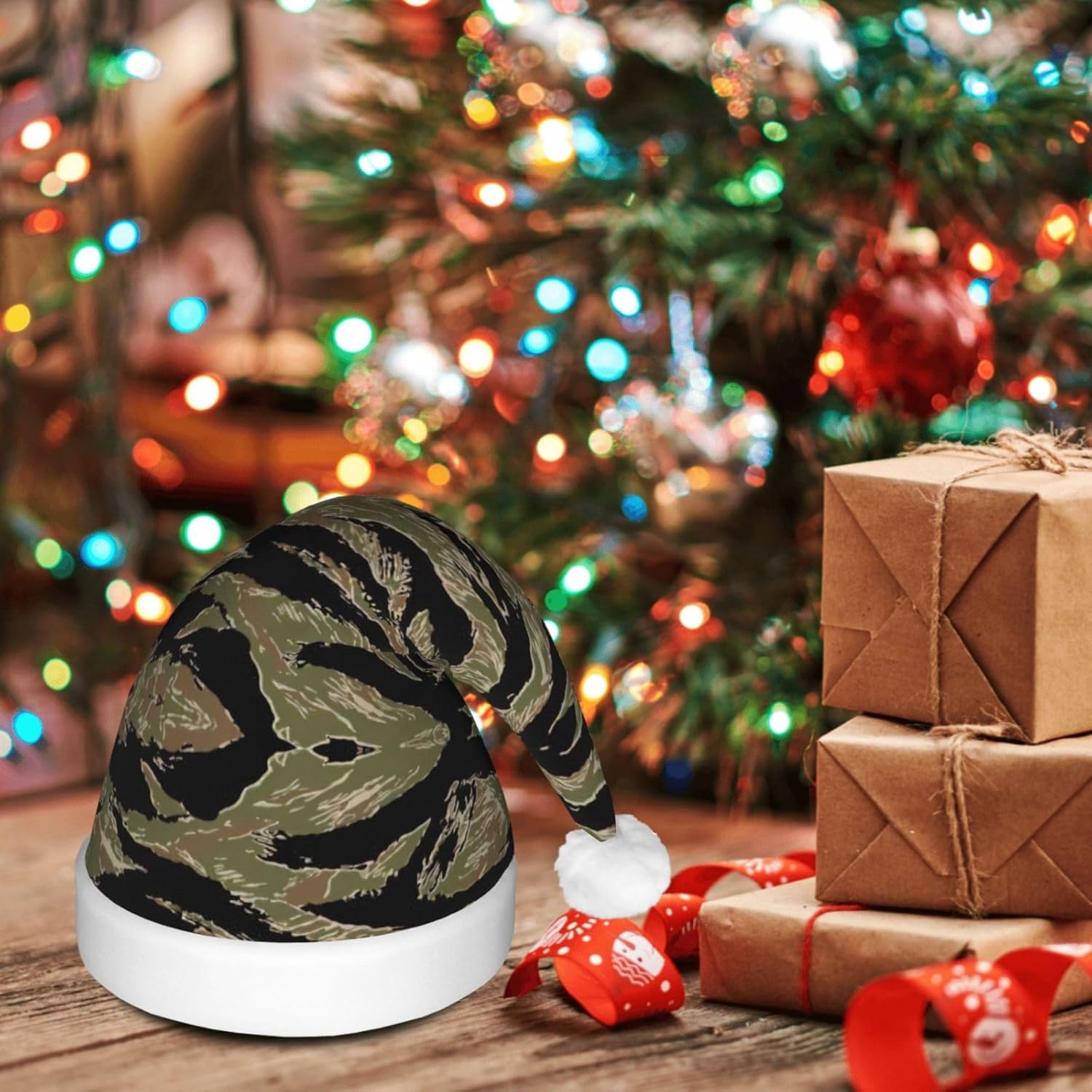 Tiger Stripe Camo Light Up Santa Hat for Adults
