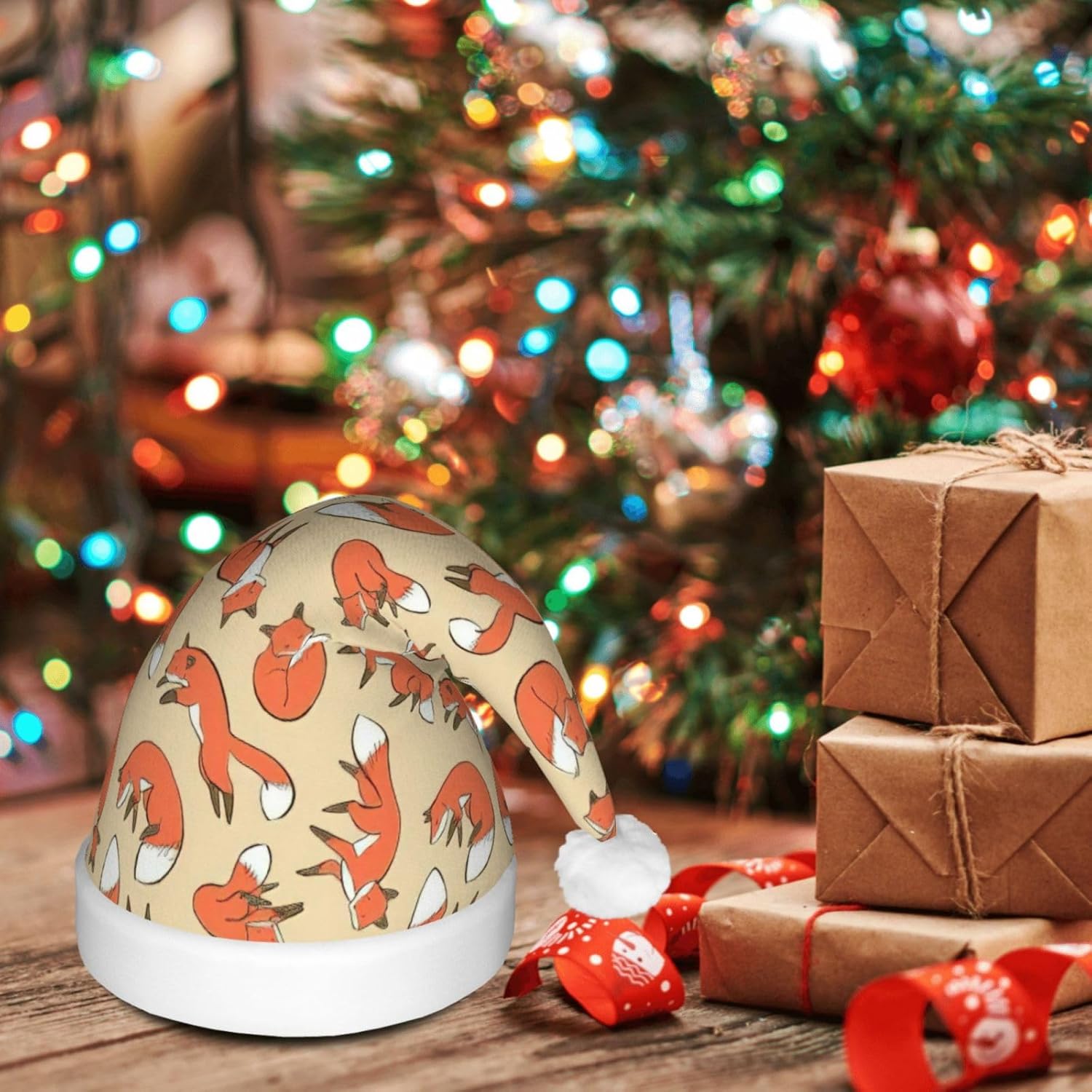 Many Foxes Print Christmas Santa Hat Plush Light Up for Adults