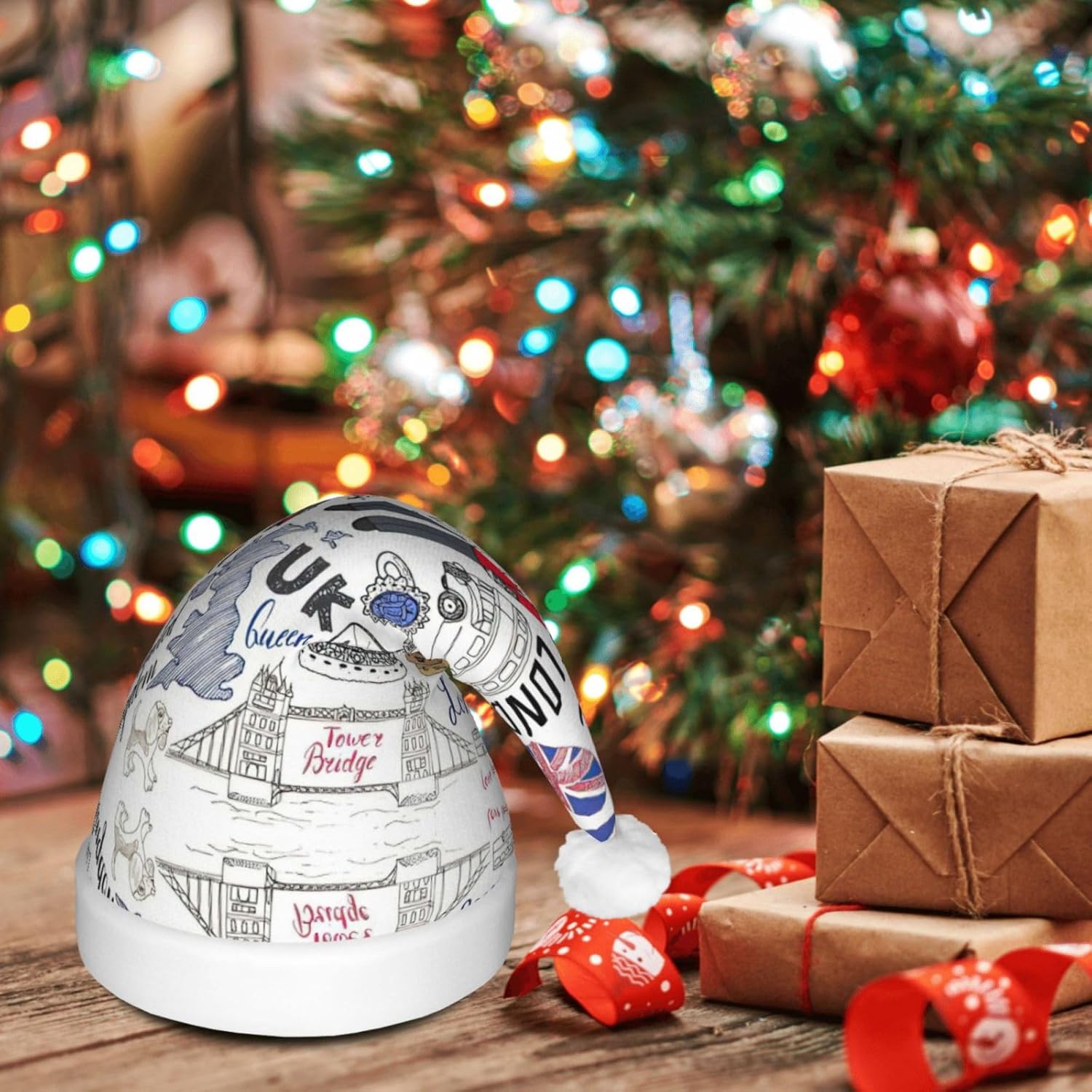 I Love London Print LED Christmas Santa Hat Plush