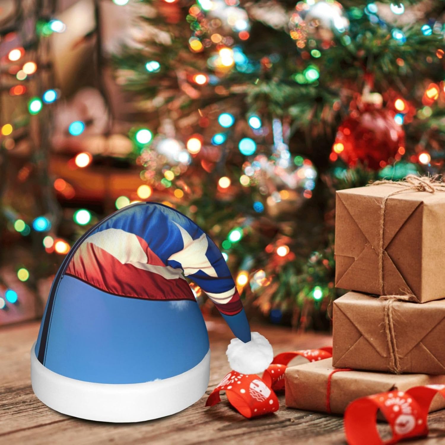 QINZHENG LED Christmas Santa Hat with PUERTO RICO Wallpaper Flag Print