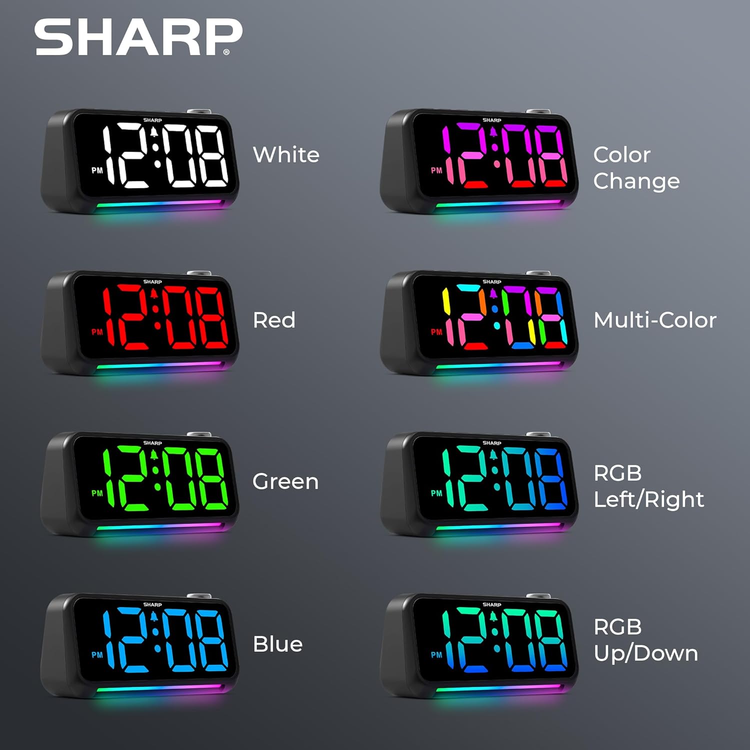 Sharp Loud Alarm Clock with RGB Night Light and USB Charger