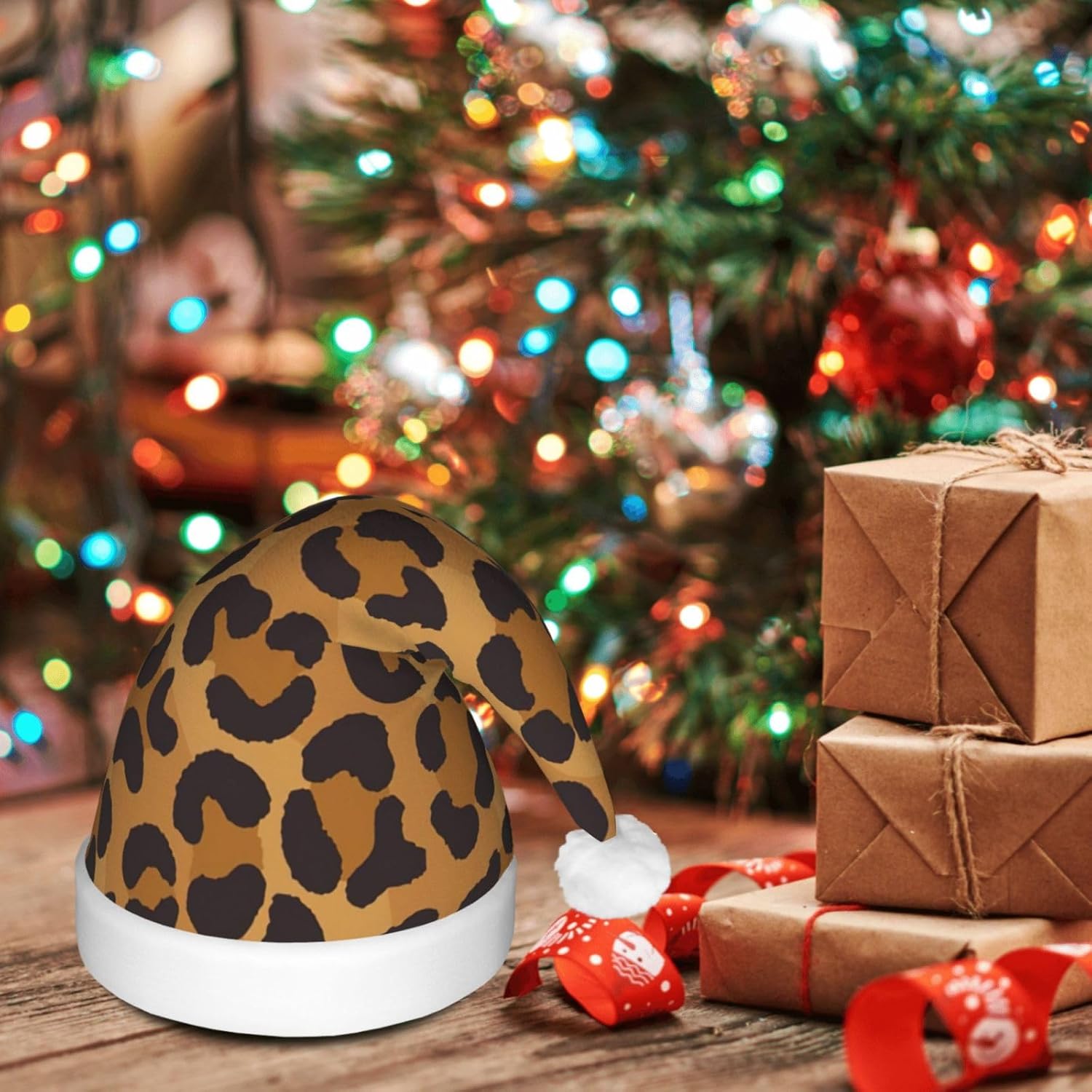 QINZHENG Yellow Leopard Print LED Santa Hat