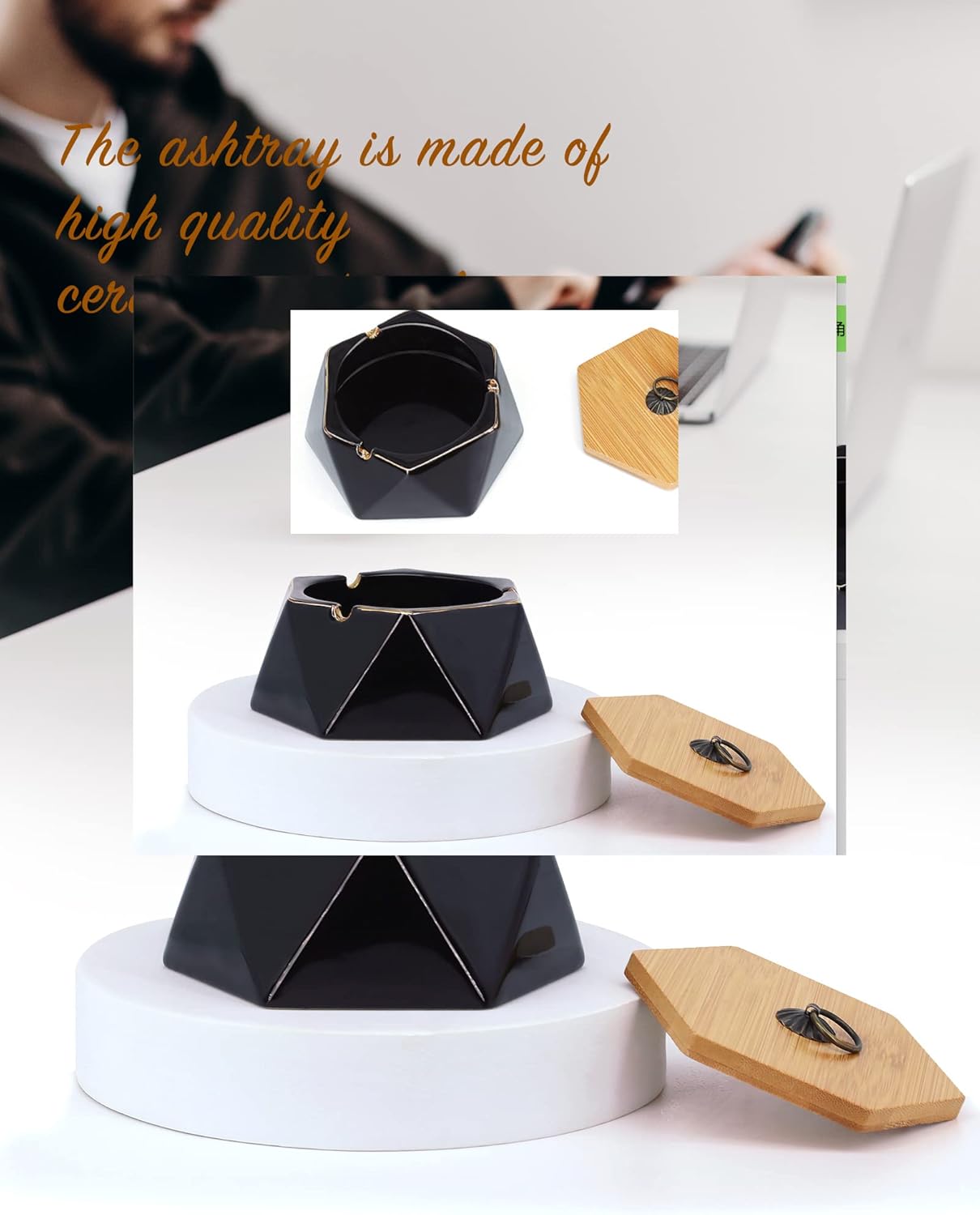 Pink Marble Ceramic Ash Tray with Lid for Home and Office