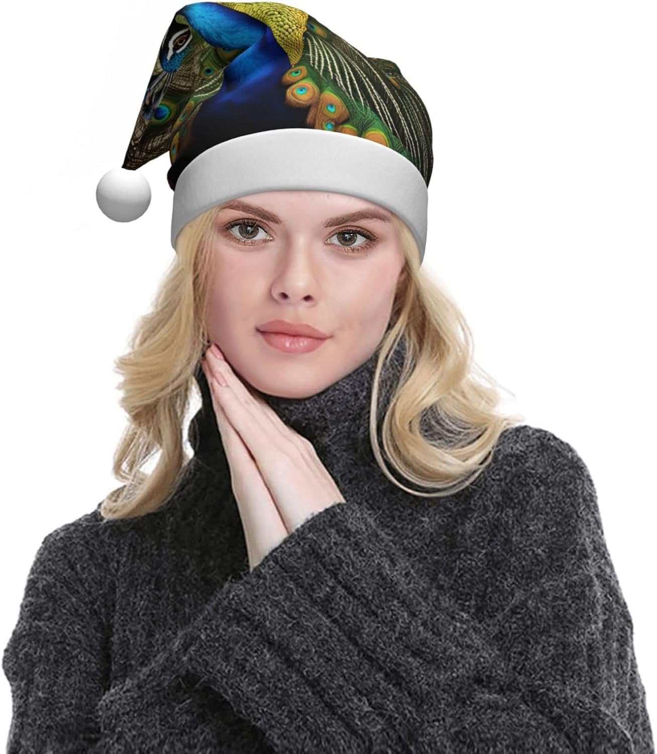 QINZHENG Peacock Feather Print Santa Hat for Women