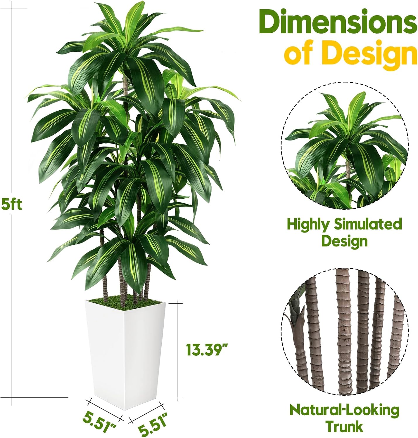 PUUKU 5FT Artificial Dracaena Tree with White Planter