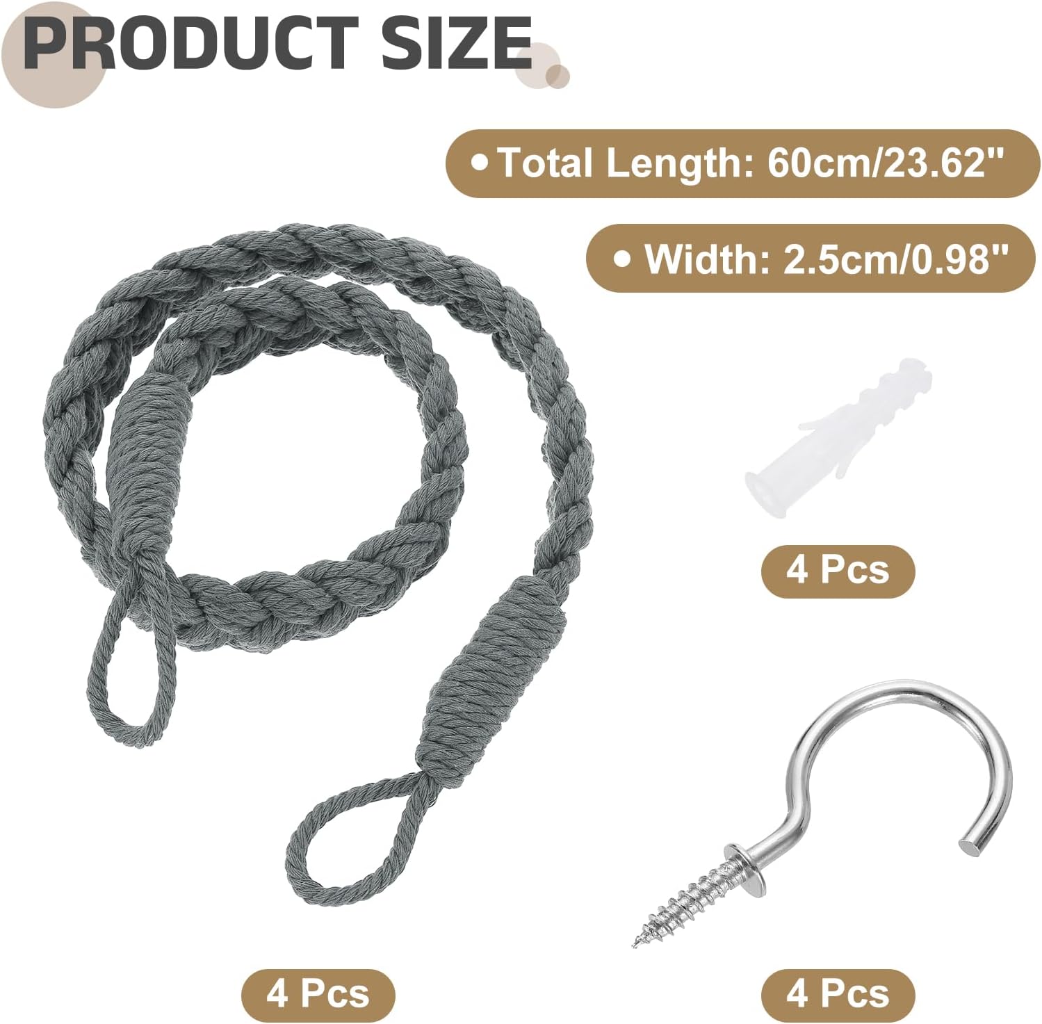 Uxcell 4Pcs Rope Curtain Tiebacks with Metal Hooks Dark Gray
