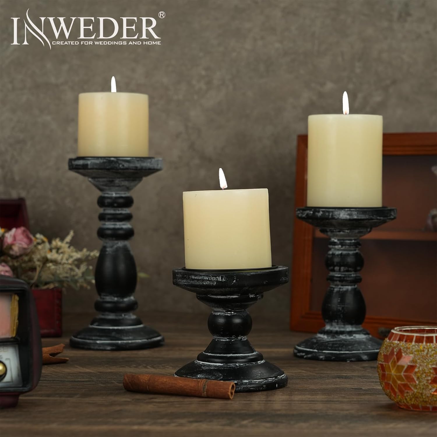 Inweder 3Pcs Rustic Black Candle Holders for Pillar Candles