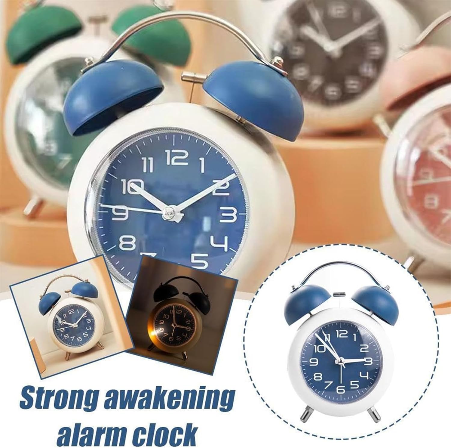Blue Metal Alarm Clock with Double Bell and Backlight