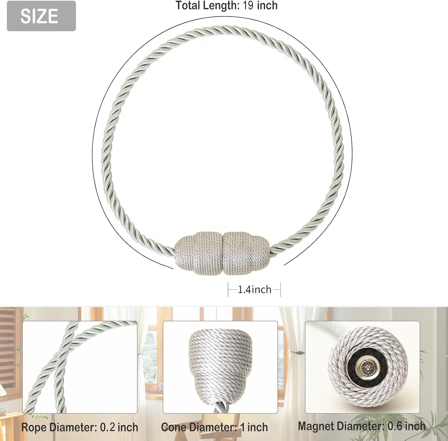 Magnetic Curtain Tiebacks - 2 Pack Grey Holdbacks