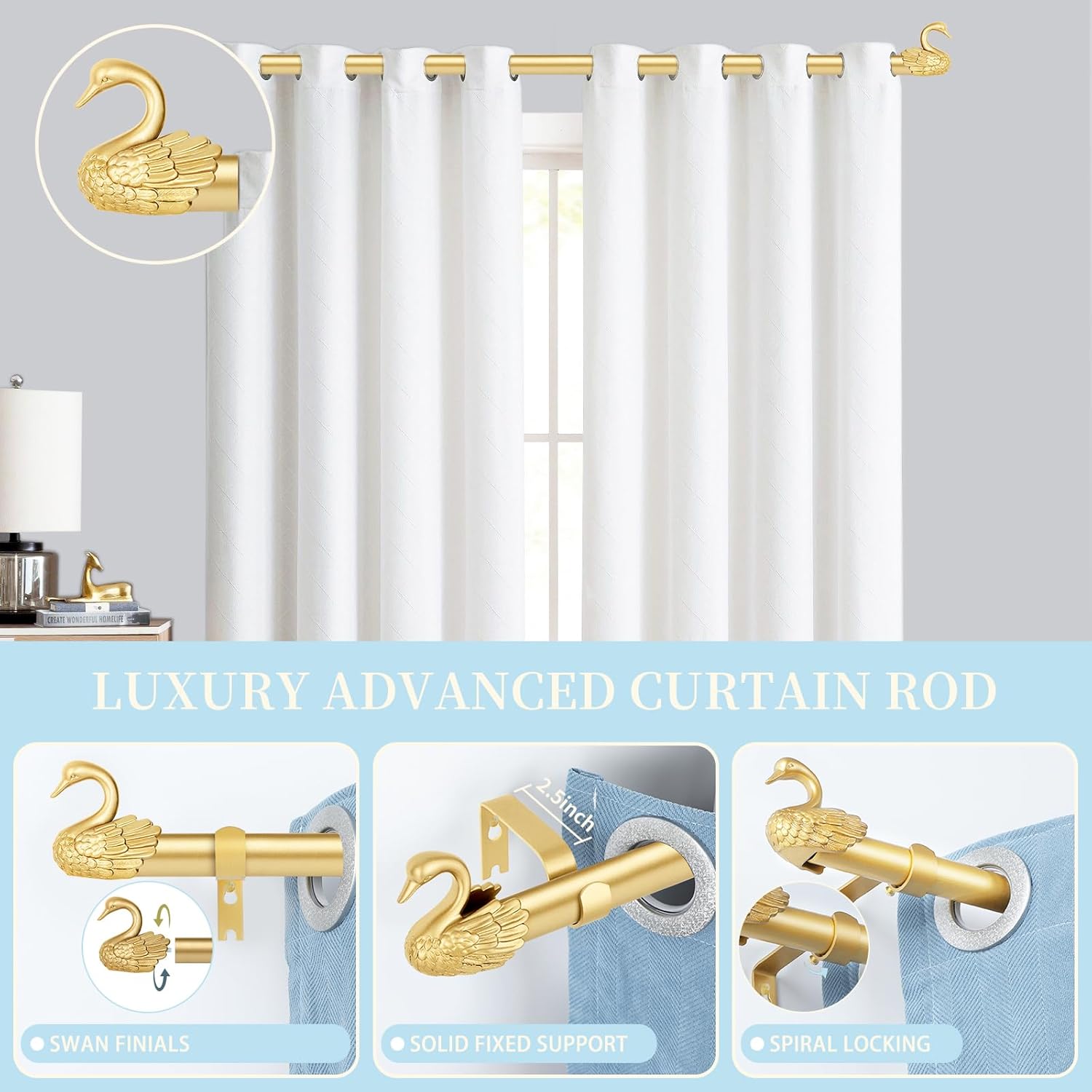 TANGWIN Gold Farmhouse Curtain Rod with Swan Finials