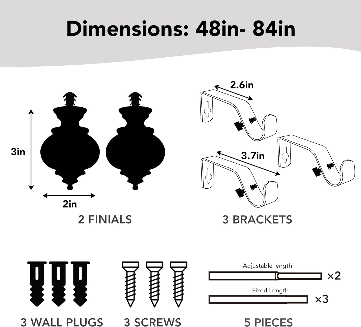 Deconovo Heavy Duty Black Curtain Rod Adjustable 48-84 Inch