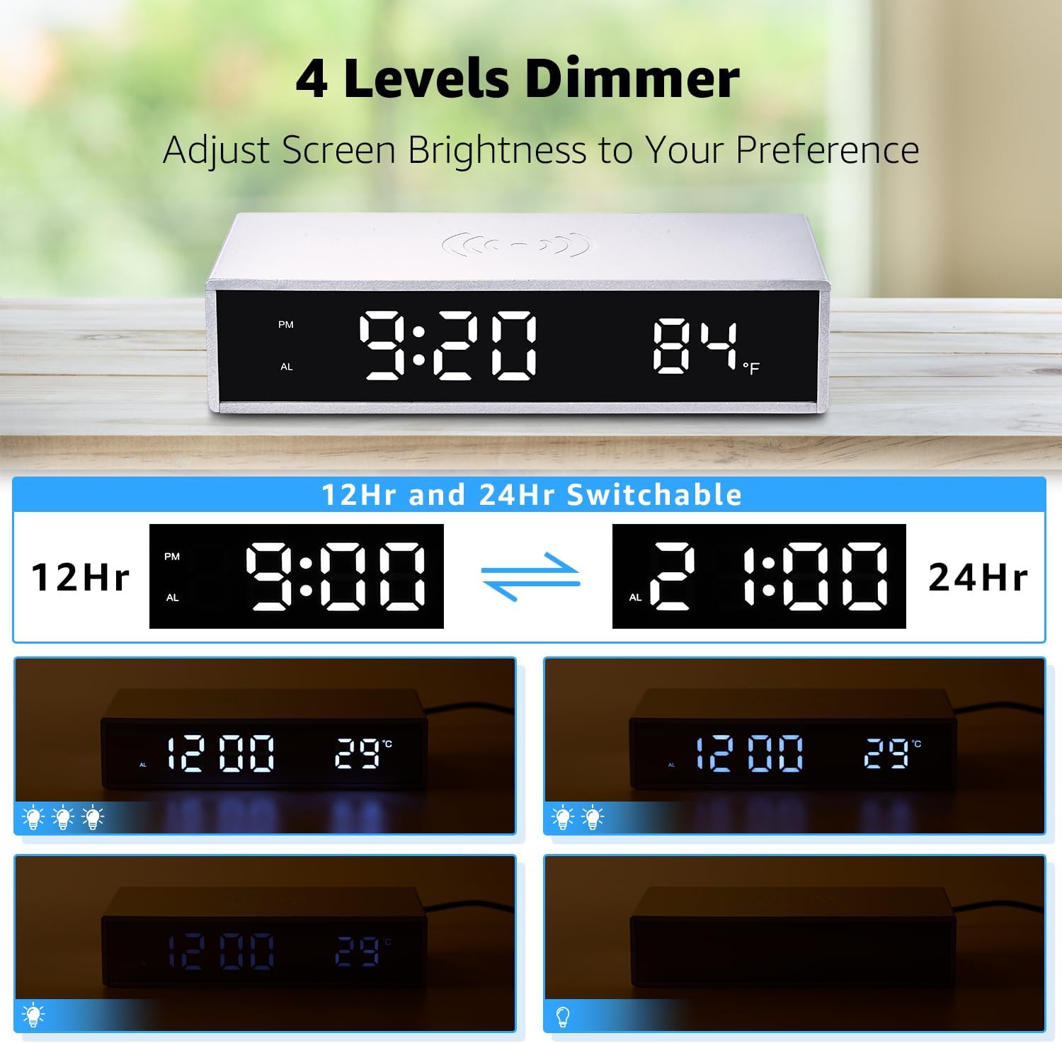 OhM-ega Digital Alarm Clock with 15W Wireless Charging