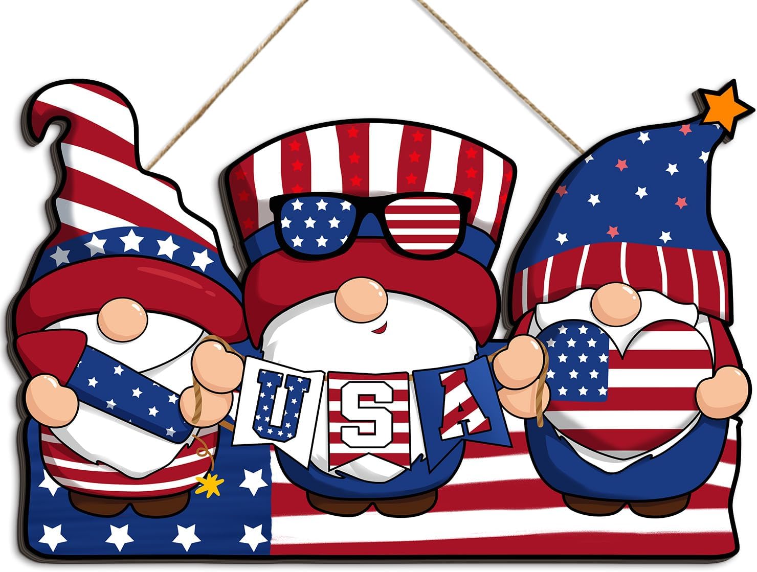 4th of July Wooden Flag Wall Sign with Rope