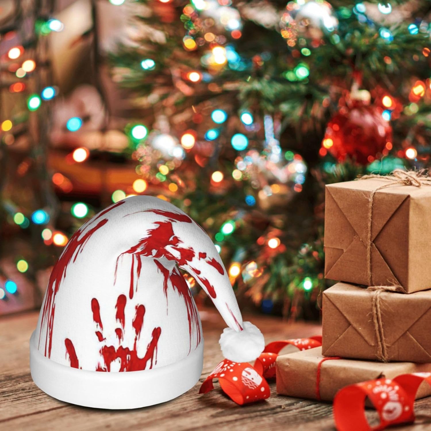QinZheng LED Bloody Handprints Christmas Santa Hat for Adults