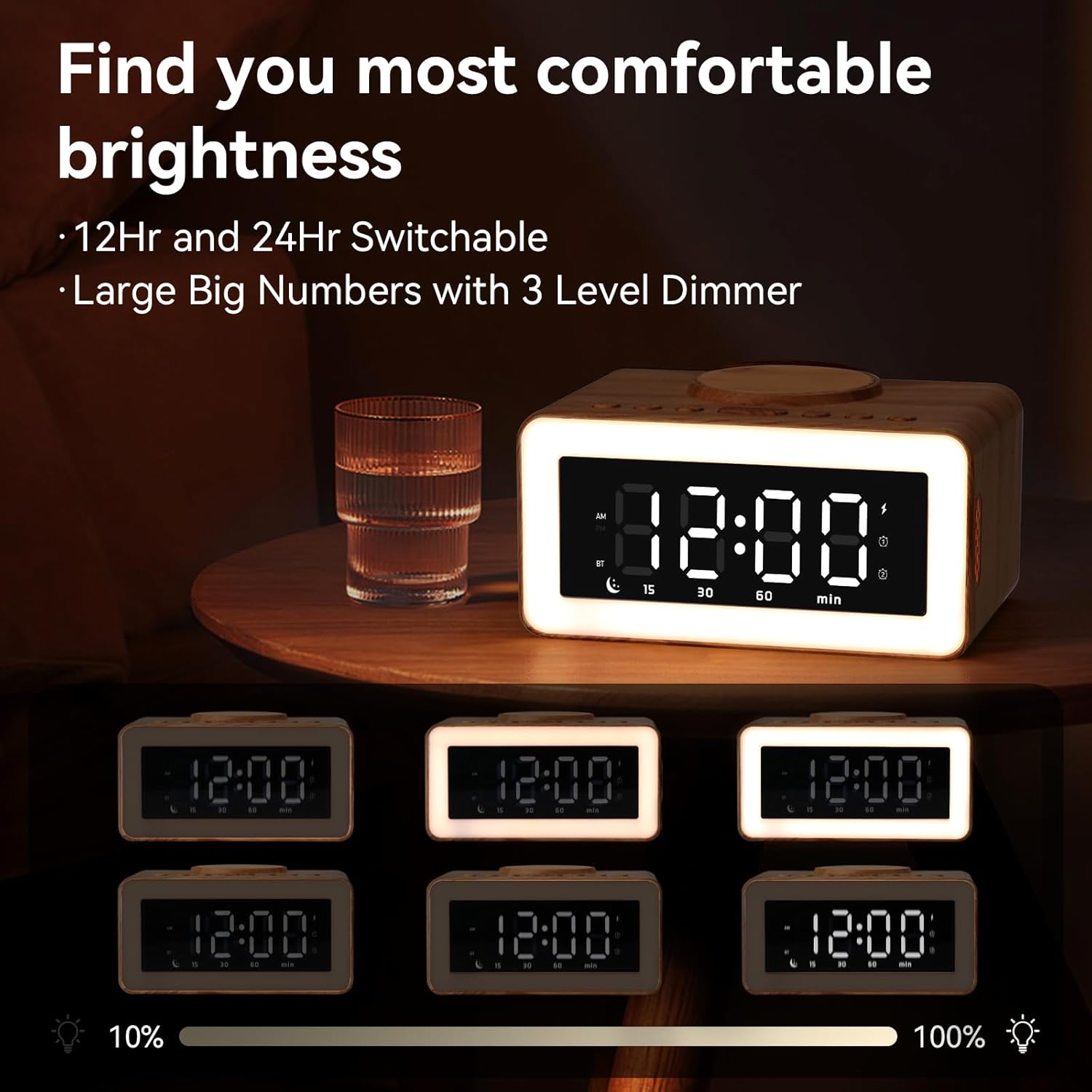 Bluetooth Alarm Clock with Wireless Charging and LED Night Light
