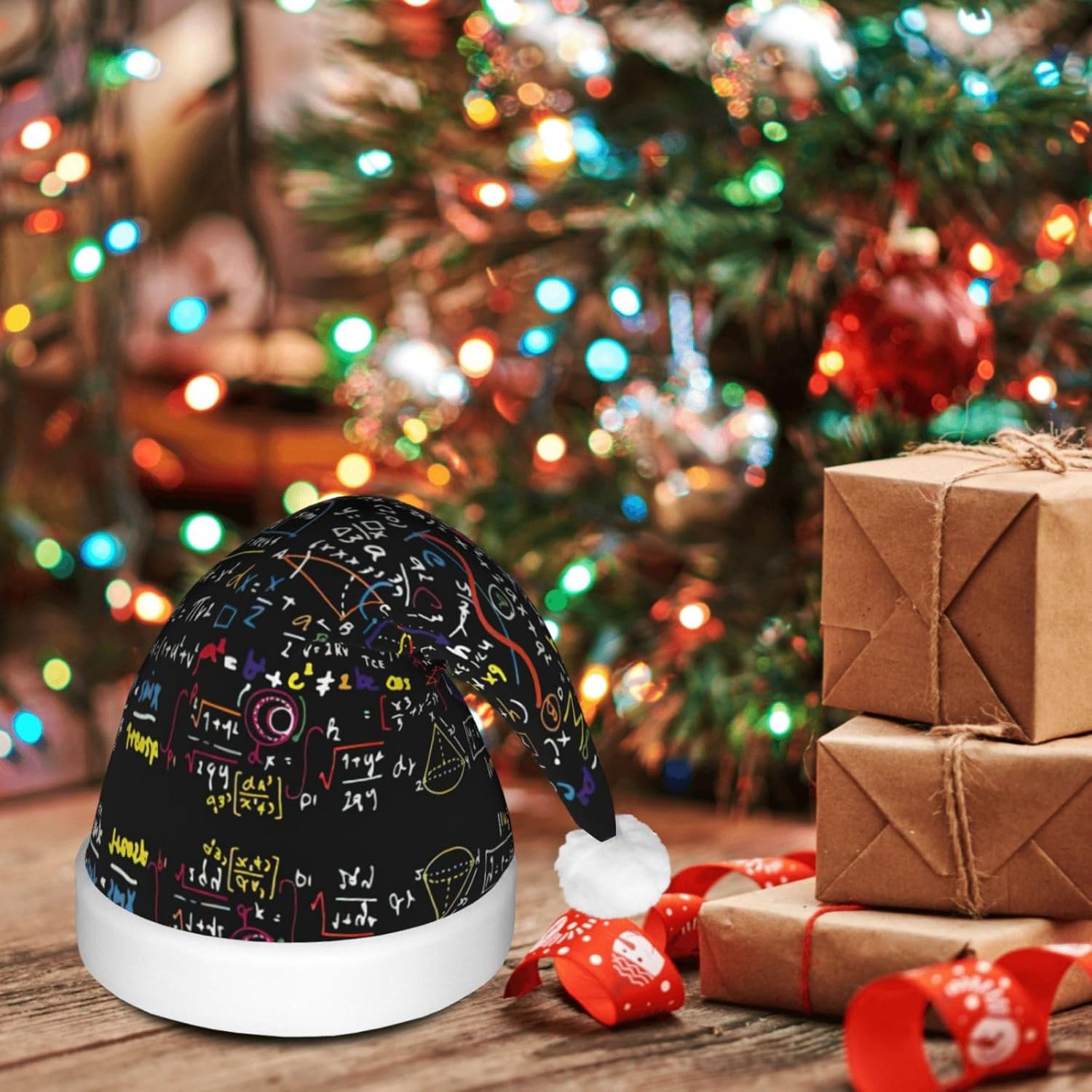 Math Formula Print LED Christmas Santa Hat Plush for Adults